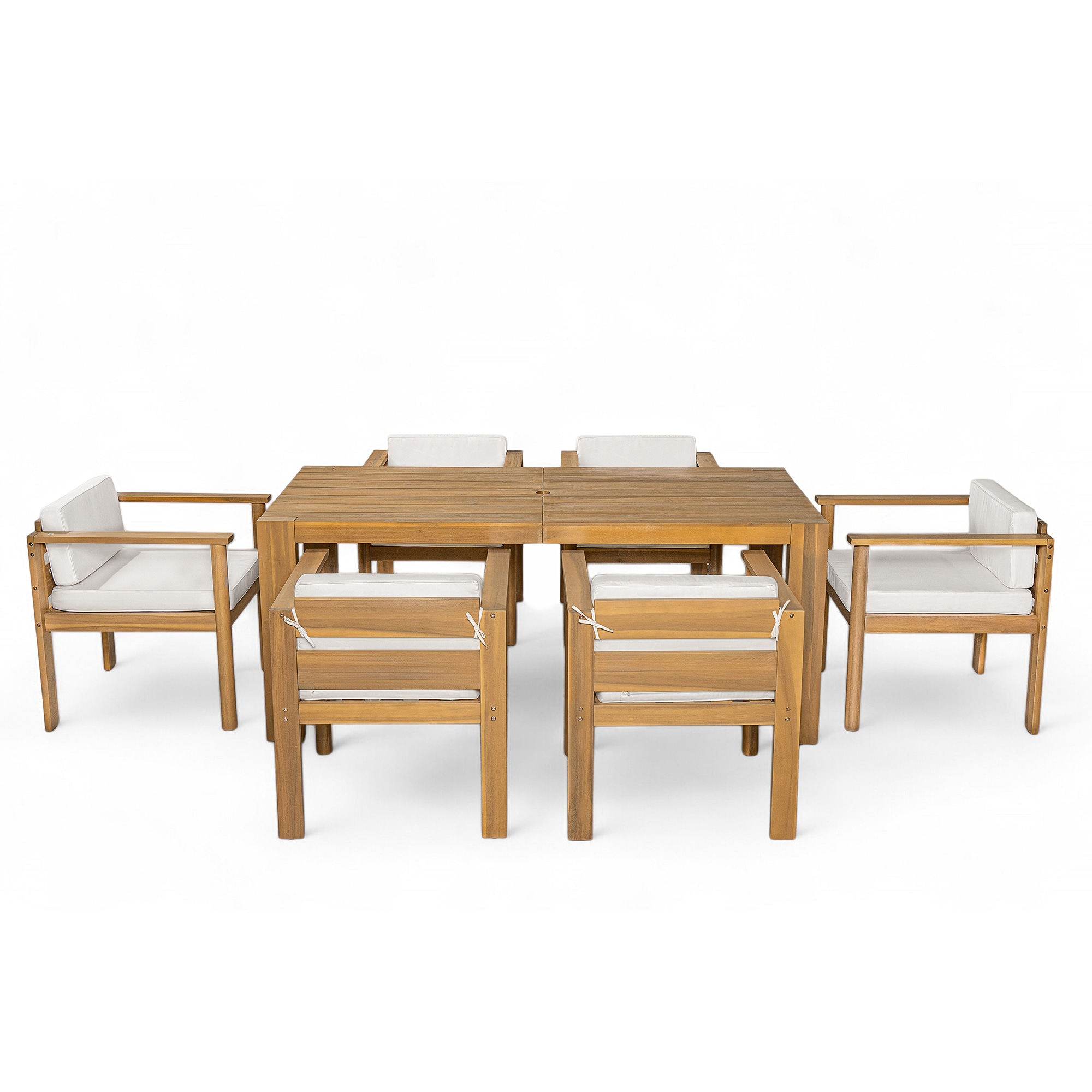 Bybafun YA3700475 7 -Piece Light Teak Patio Dining Set Wood Rectangle Table with 6 Beige Cushions Stationary Chairs