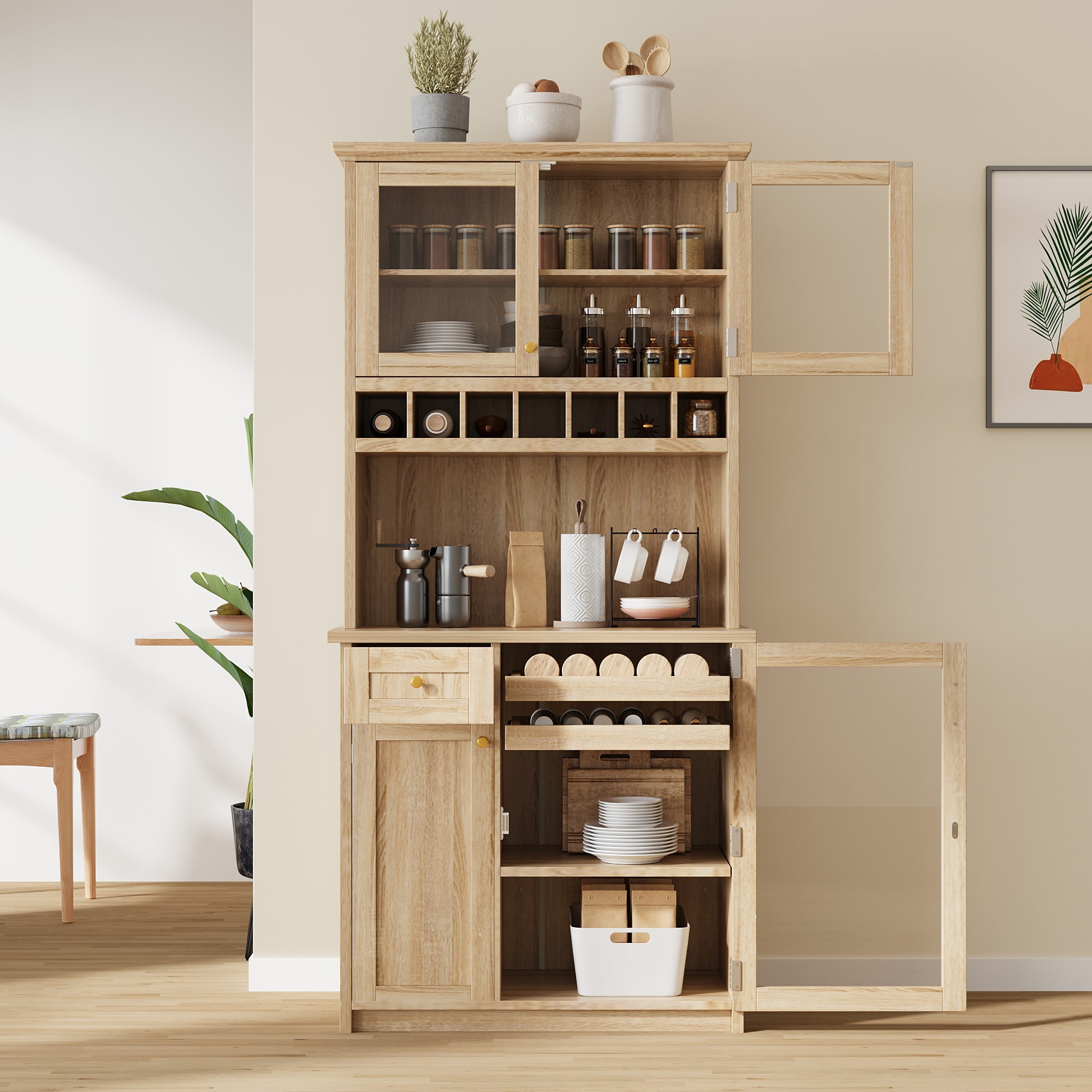 Tinyhomie TOPMAX Farmhouse 35.4x17.7x74.8inch Freestanding Buffet with Hutch Tall Kitchen Pantry Storage Cabinet with Wine Rack and Adjustable Shelves for Dining Room Natural