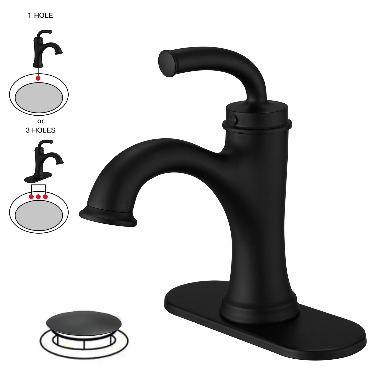 BWE C-9009-BLACK Matte Black Single hole 1-handle WaterSense Mid-arc Commercial/Residential Handle Bathroom Sink Faucet with Drain with Deck Plate