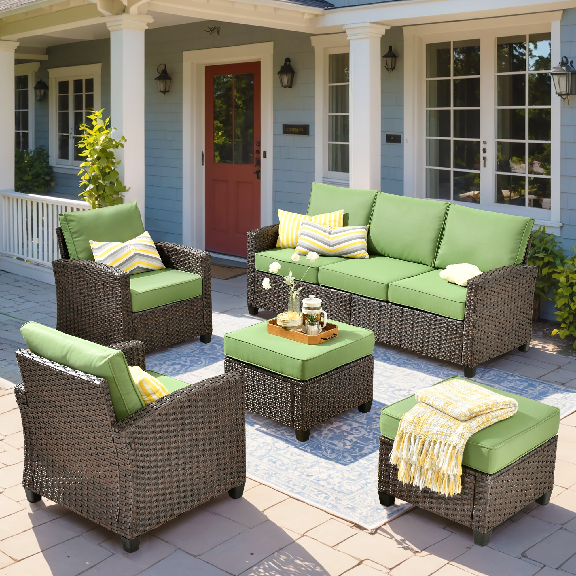 Caodoc L5-PRS901-1 PRS Rattan Outdoor Sofa with Green Cushions and Rattan Frame