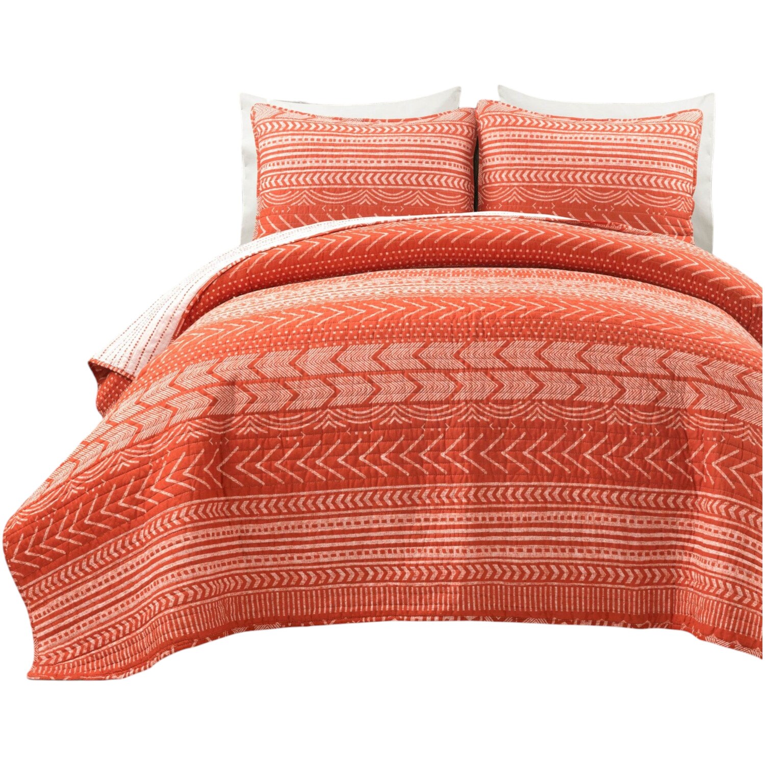 Slickblue D-FR-KIBO1130 Cotton 3-Piece Scandinavian Quilt Set – Orange Geometric Patterns Reversible Bedding for Bedroom or Guest Room – King / Full-Queen