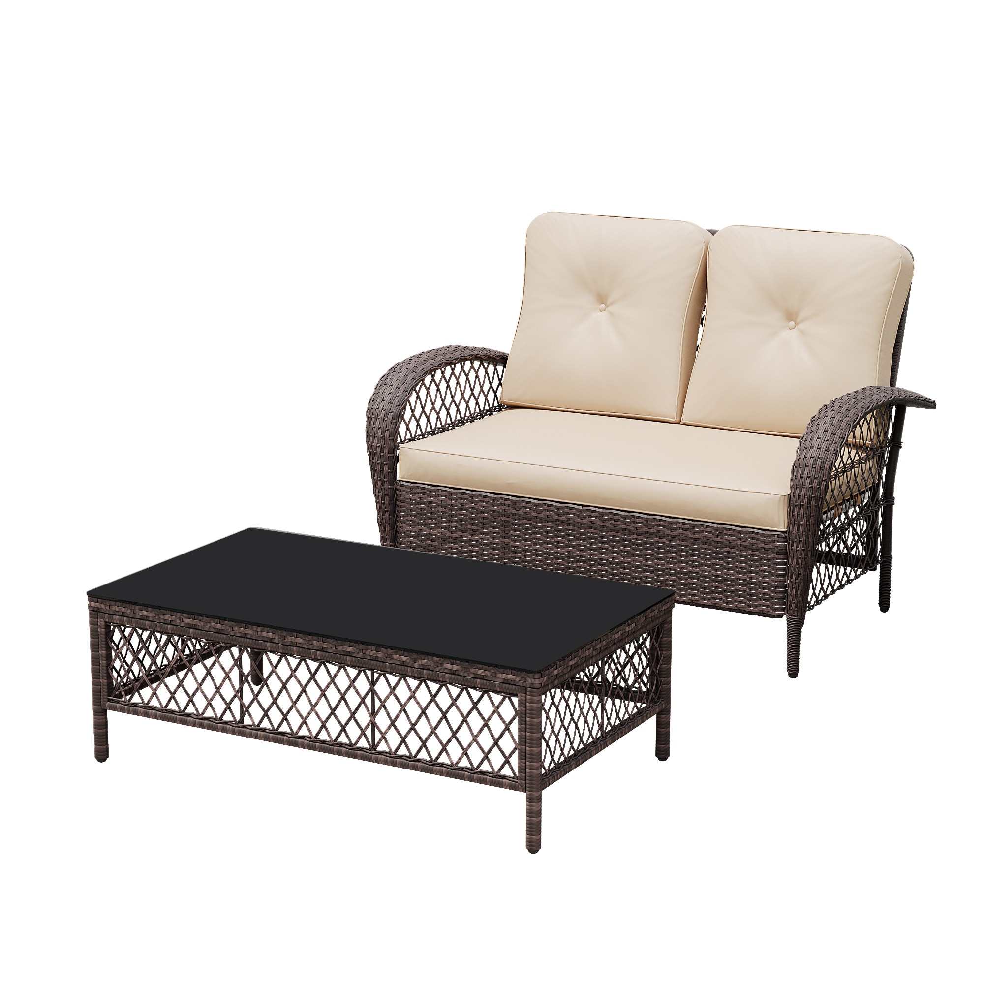 Patio Watcher LH2-B-BEIGE Patio Furniture Rattan Brown Metal Frame Stationary Conversation Chair with Off-white Cushioned Seat