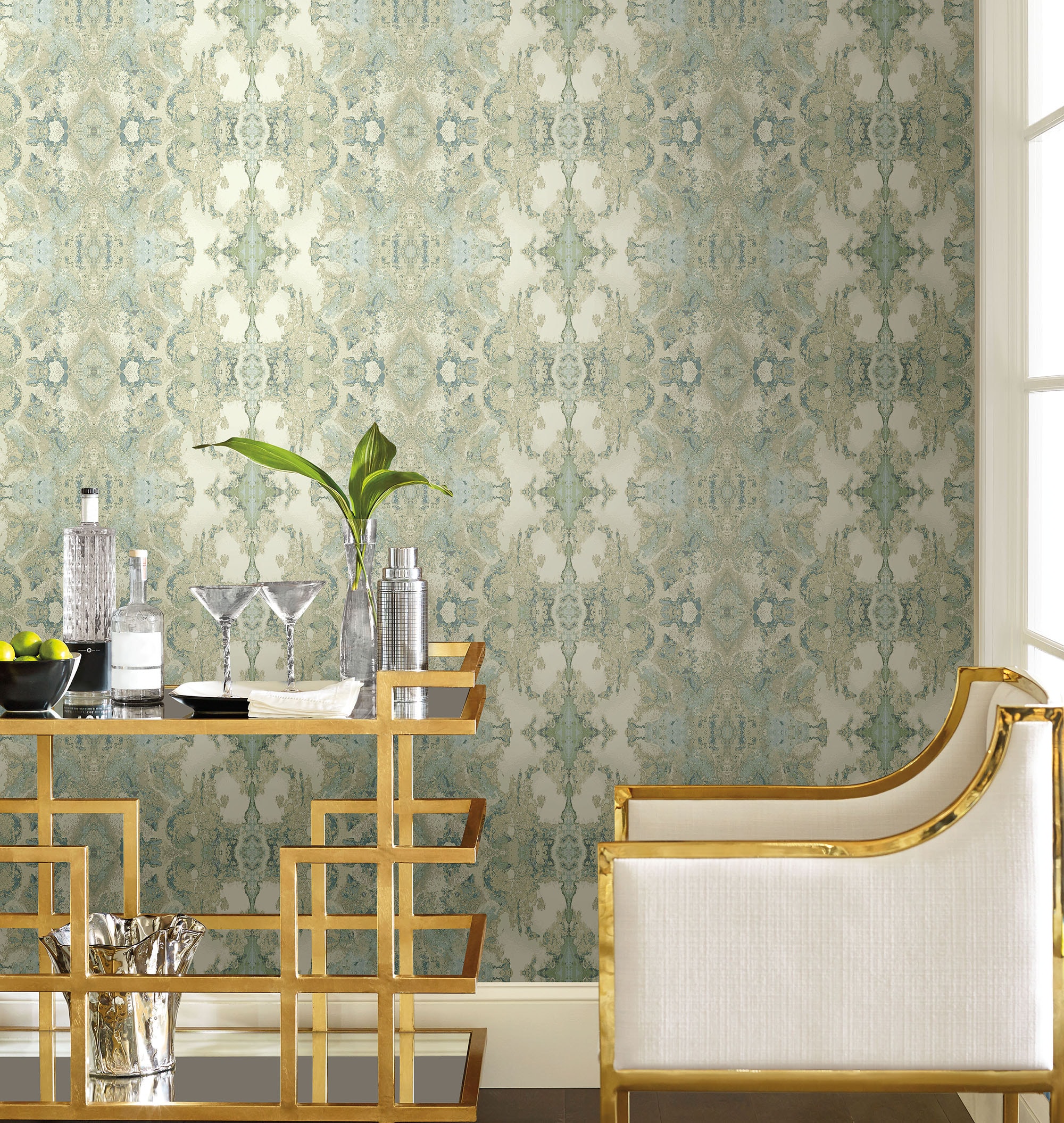 Spa Blue and Green Grasscloth Peel and Stick Wallpaper