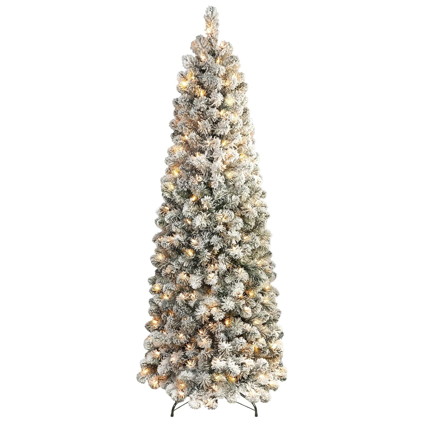 Shareconn 6 ft Pre-Lit Flocked Slim Pencil Artificial Christmas Tree with 200 Warm White Incandescent Lights 3-Section Hinged Design