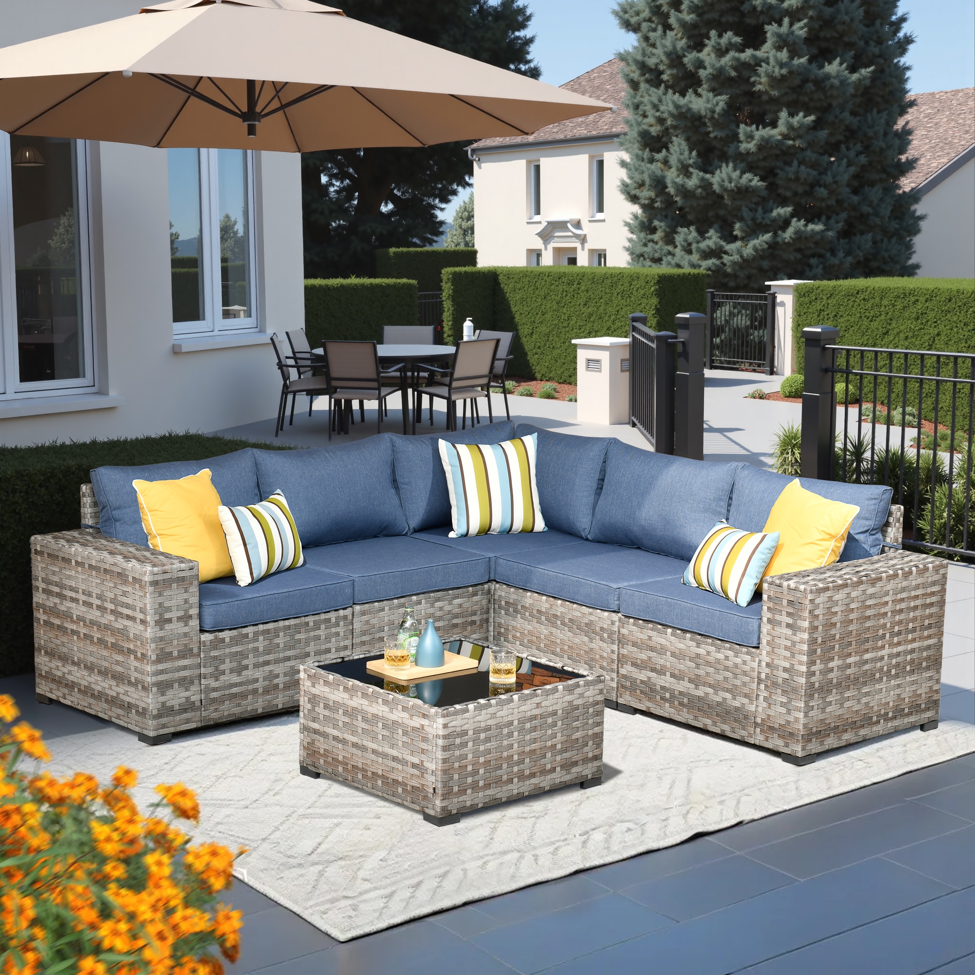 Pouuin SBBR306 Rattan Outdoor Sectional with Blue Cushions and Wicker Frame