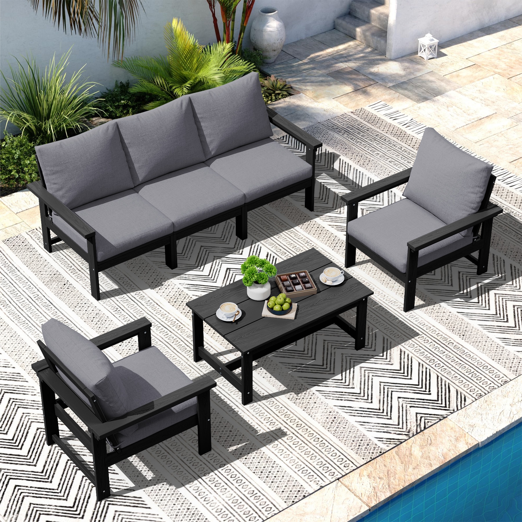 JEAREY PEZHSF06-BG Durable HDPE Patio conversation Set with Coffee Table Outdoor Sectional with Beige Cushions and HDPE Frame