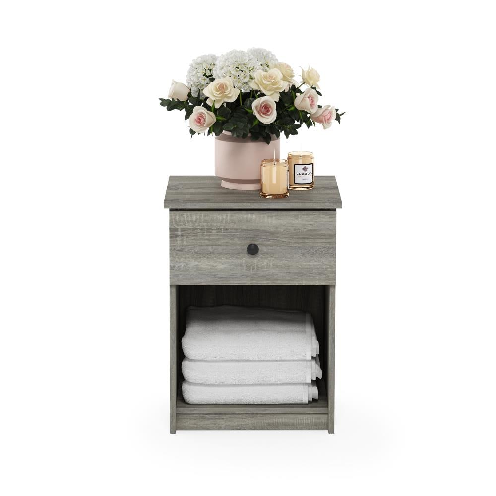 French Oak Grey Engineered Wood Nightstand with Black Knob