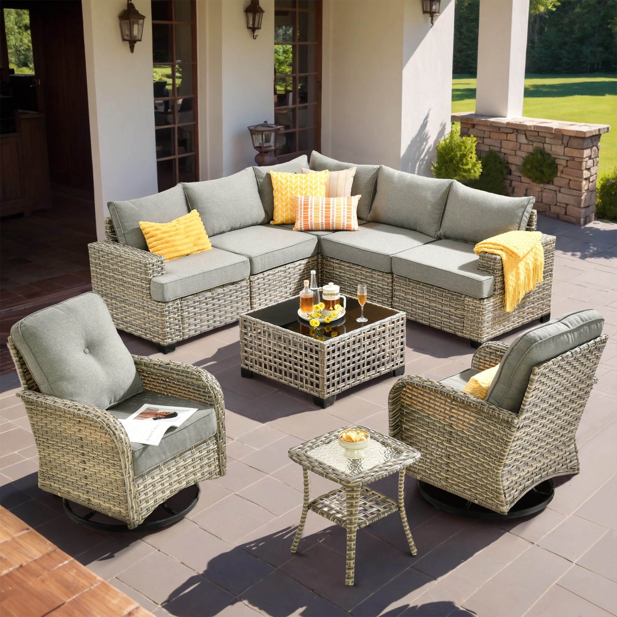 Caodoc L5-VYZTBS2092-1 VYZTBS Rattan Outdoor Sectional with Dark gray Cushions and Wicker Frame