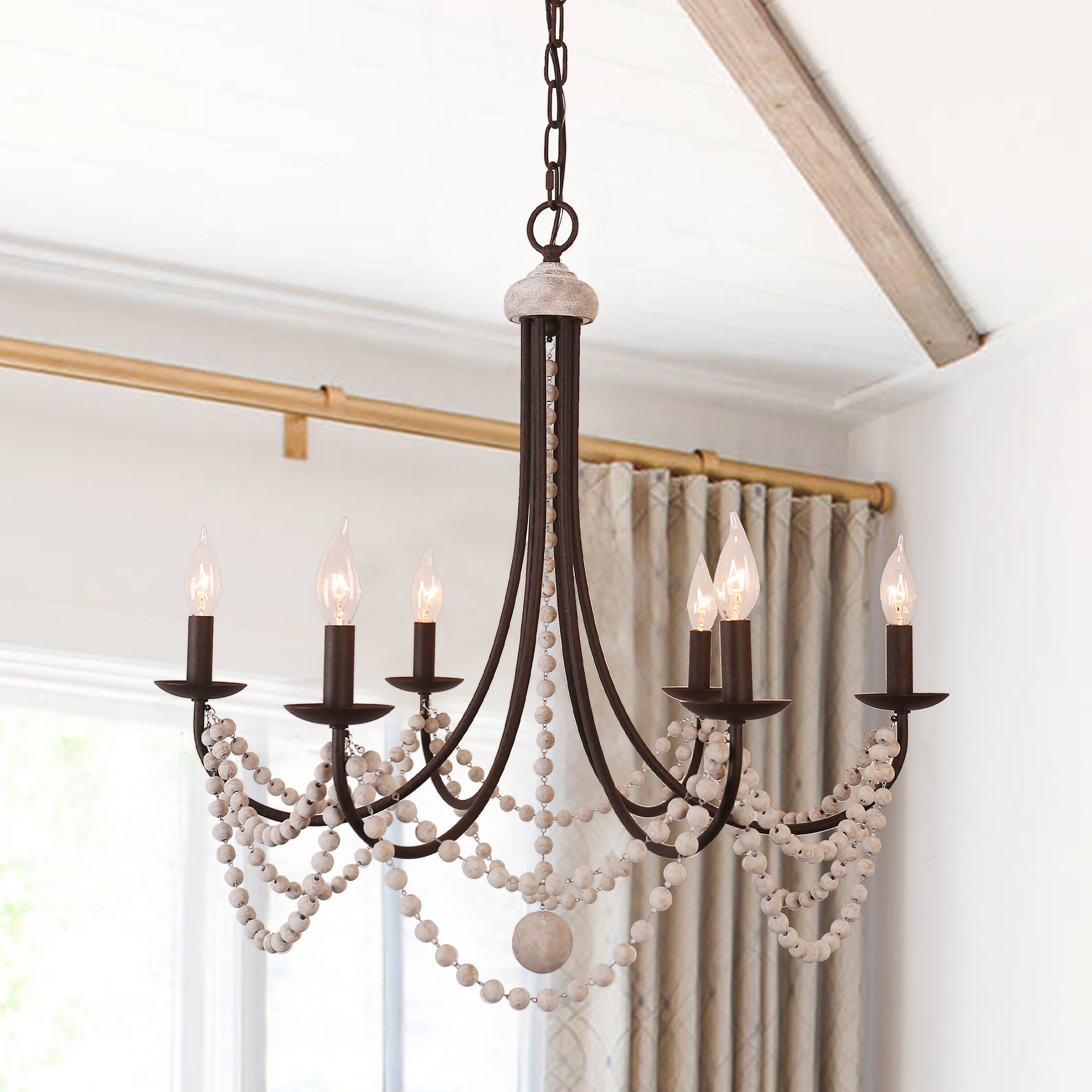 Cusp Barn FC4036-6B FC4036 6 -Light Brushed Black Farmhouse Beaded Wood For Use in Bedrooms, Dining Rooms, Foyers, Kitchens, Living Rooms Chandelier