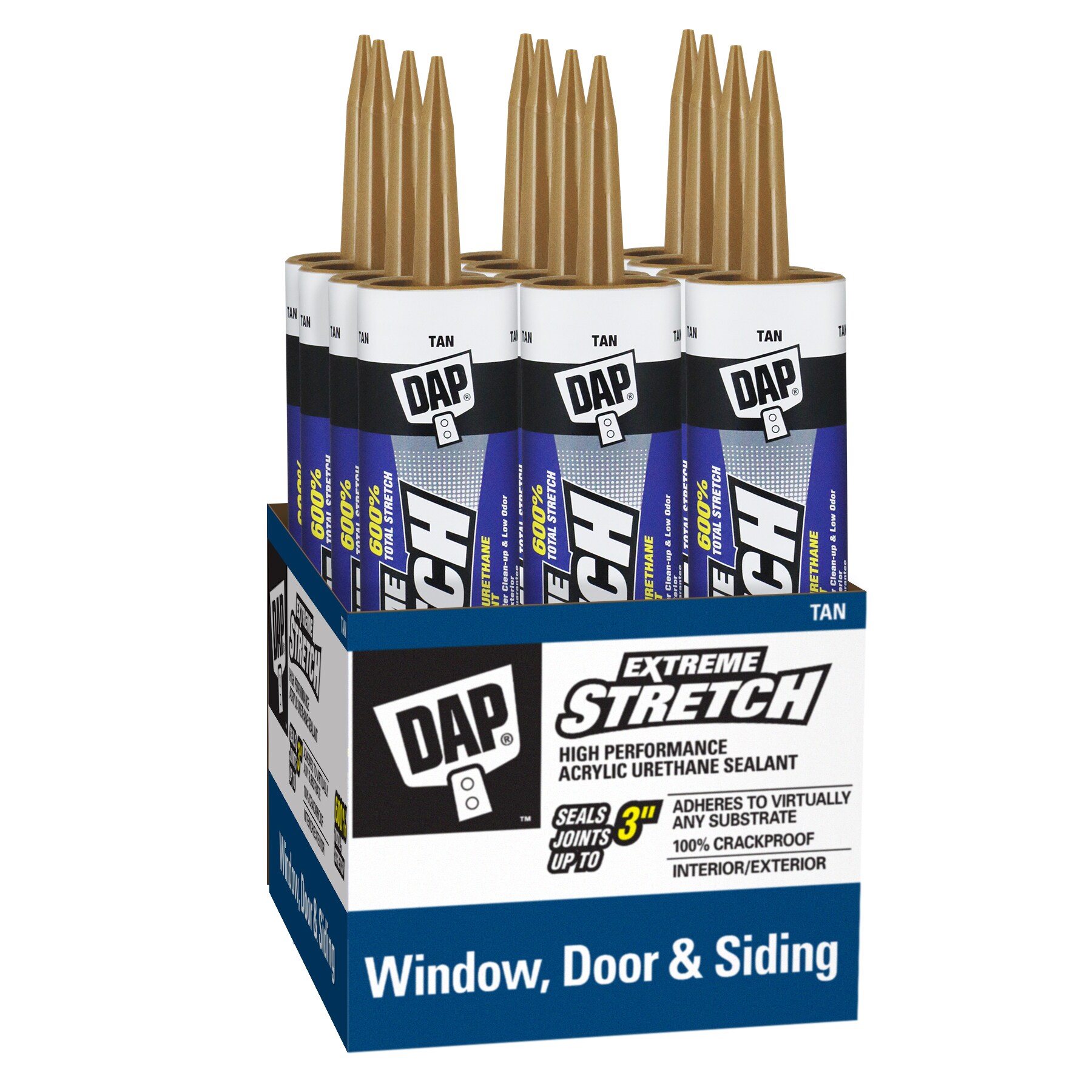 DAP 7079818718SOS Extreme Stretch 12 -Pack 10.1-oz Exterior specialty Tan Paintable Acrylic Urethane Elastomeric Sealant Caulk