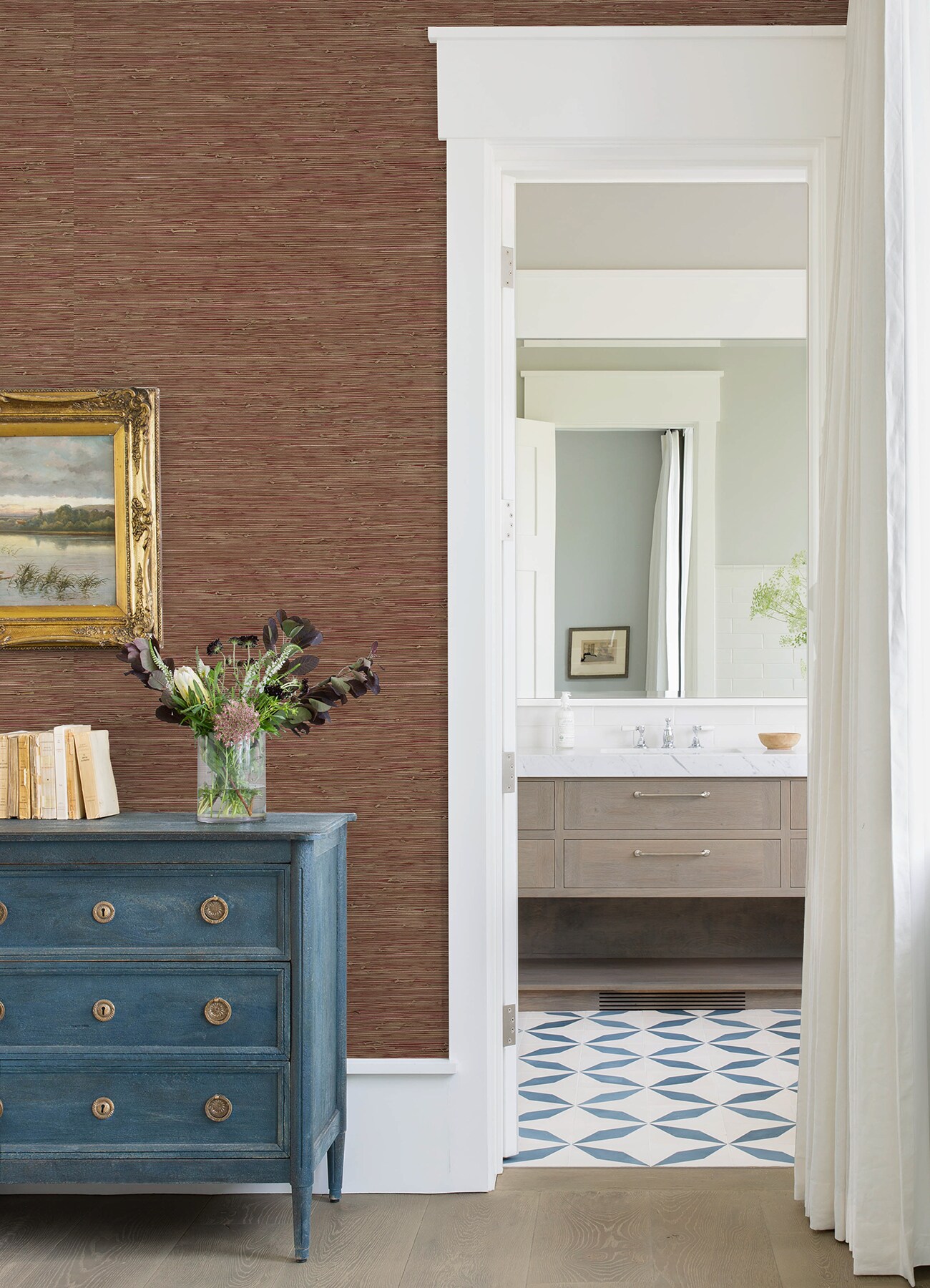 Dark Blue Grasscloth Wallpaper with Cubed Marble and Chrome Sink Vanity   Transitional  Bathroom