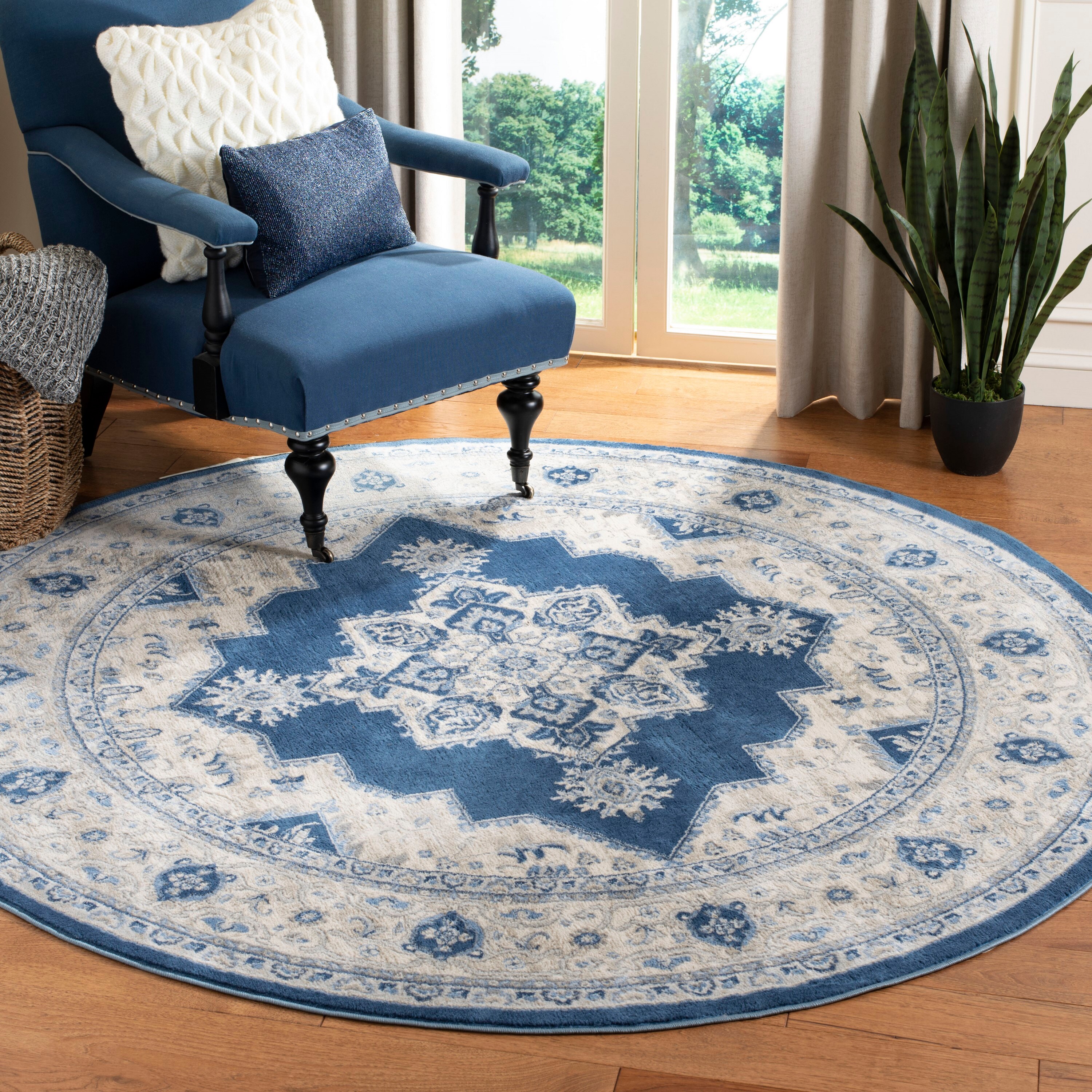 Safavieh BNT865N-3R Brentwood Clara 3 x 3 (ft) Loomed Polypropylene Navy/Creme Round Indoor Distressed/Overdyed Bohemian/Eclectic Area rug
