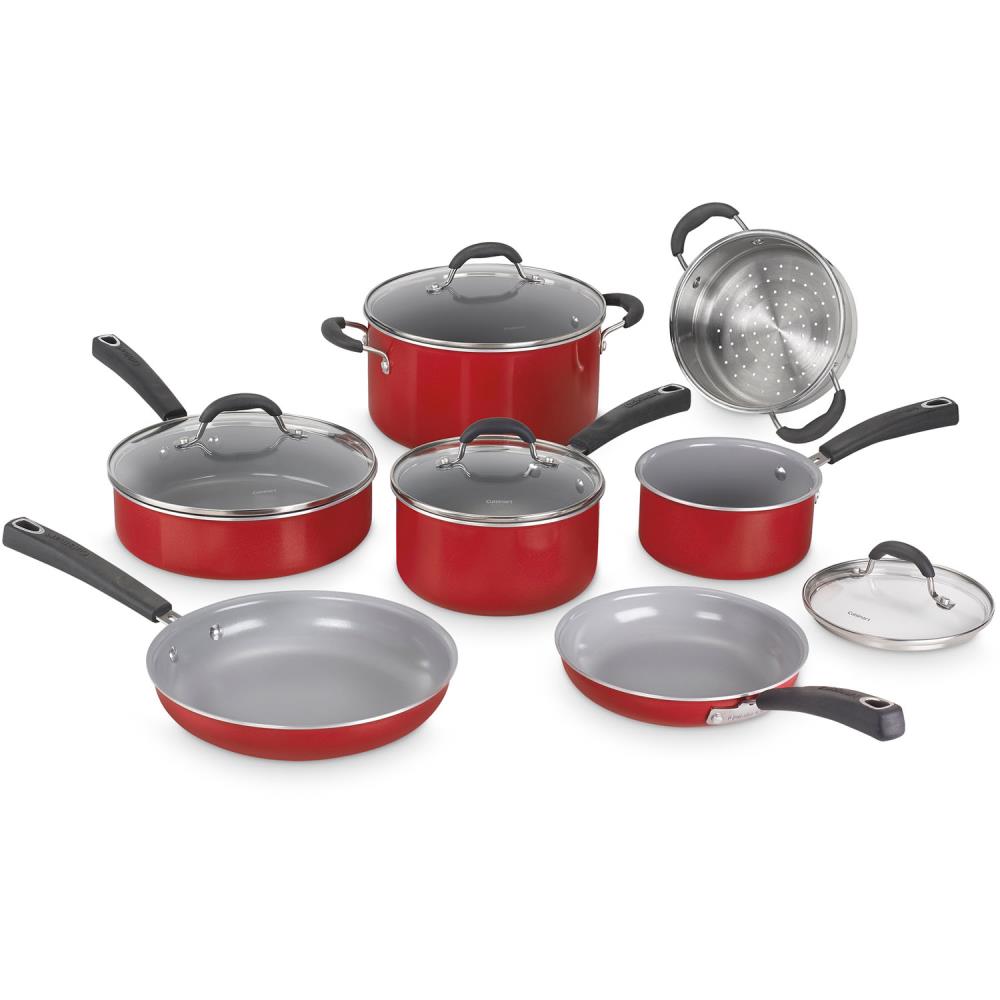 Gibson 7 Piece Chef Du Jour Carbon Steel Nonstick Cooking Pots and Pans  Kitchen Cookware Set with Handles and Tempered Glass Lids, Red