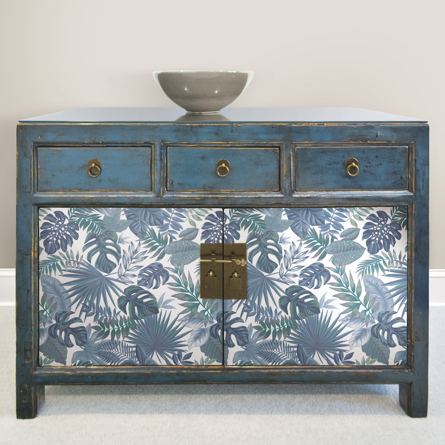 Blue and White Vinyl Palm Leaf Peel and Stick Wallpaper Roll