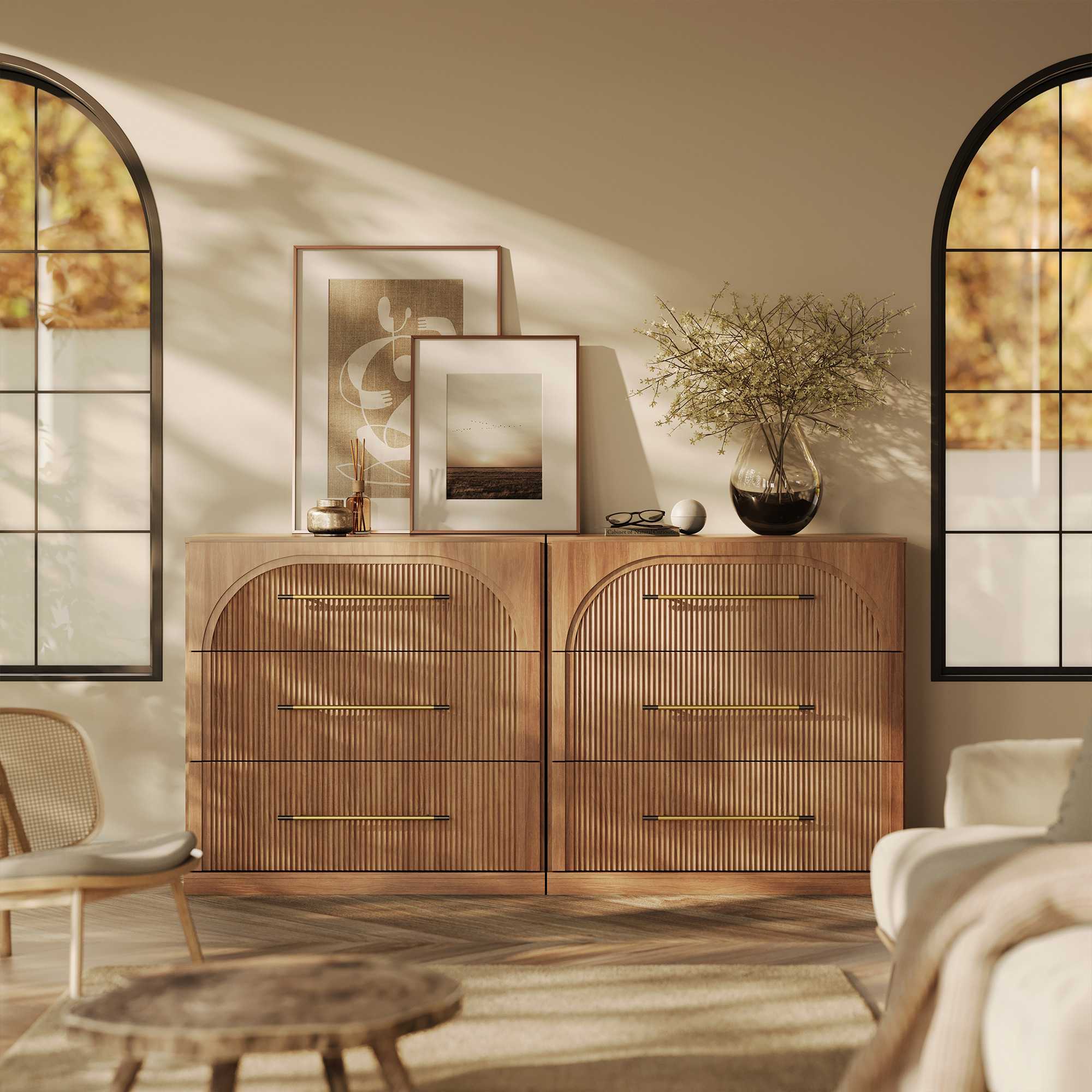 Belleze Camel Set of 2 Modular Sideboard with Double Arc Wood