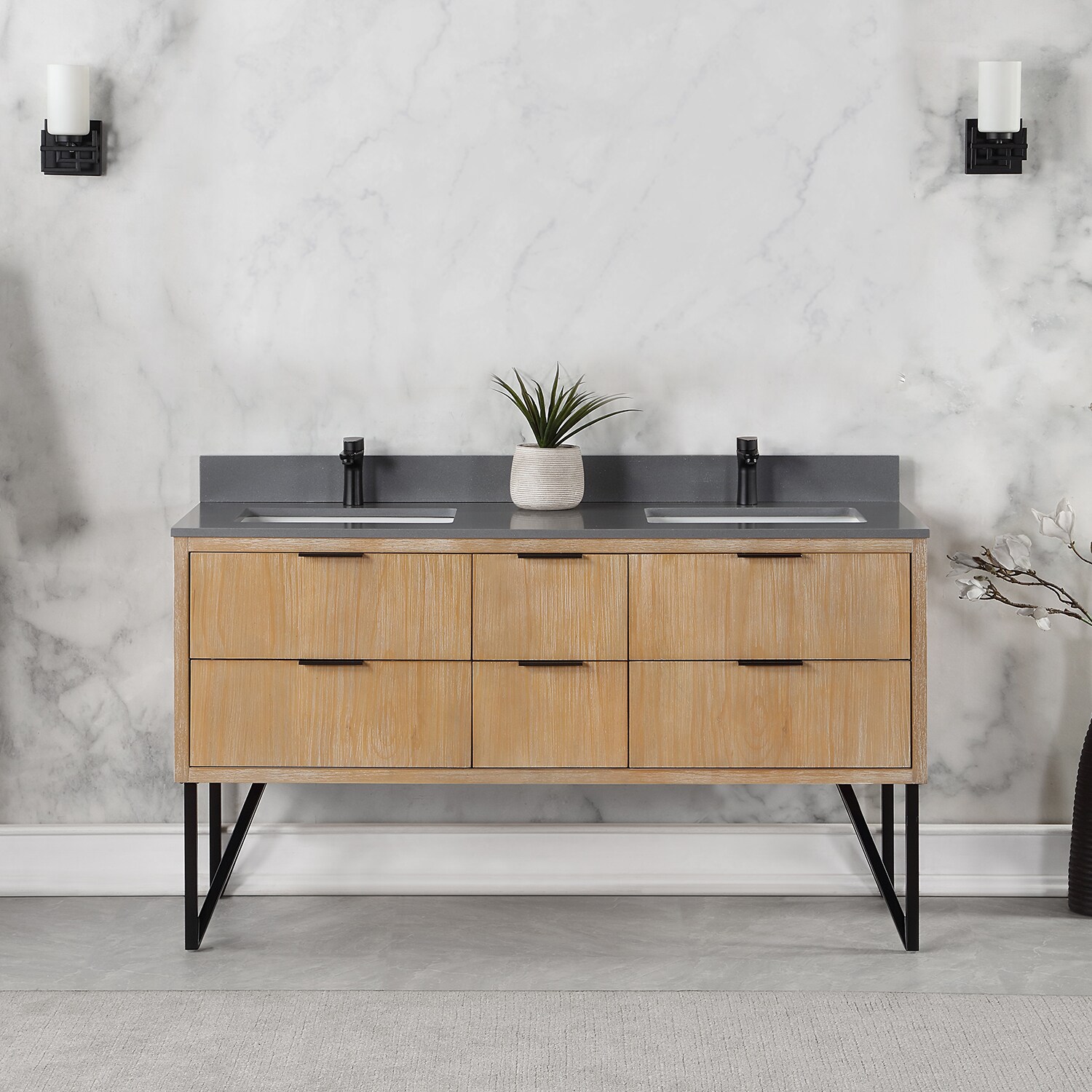 Helios 60" Double Weathered Pine Vanity with Concrete Gray Countertop