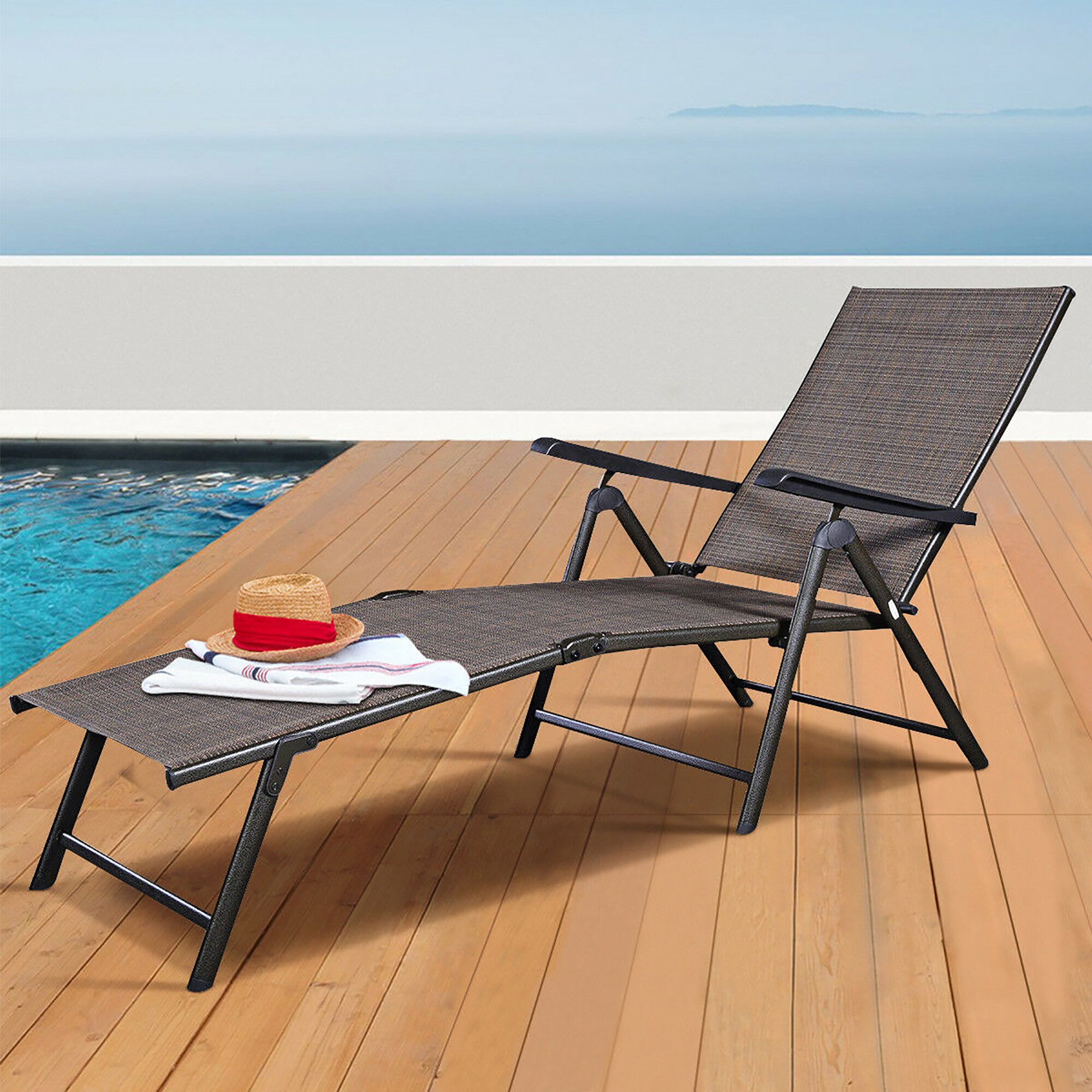 Tan Metal Outdoor Adjustable Chaise Lounge Set of 2