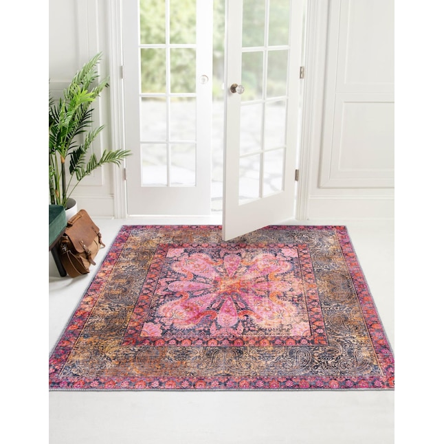 Unique Loom 5 x 5 Pink Square Indoor Floral/Botanical Machine Washable Area  Rug in the Rugs department at