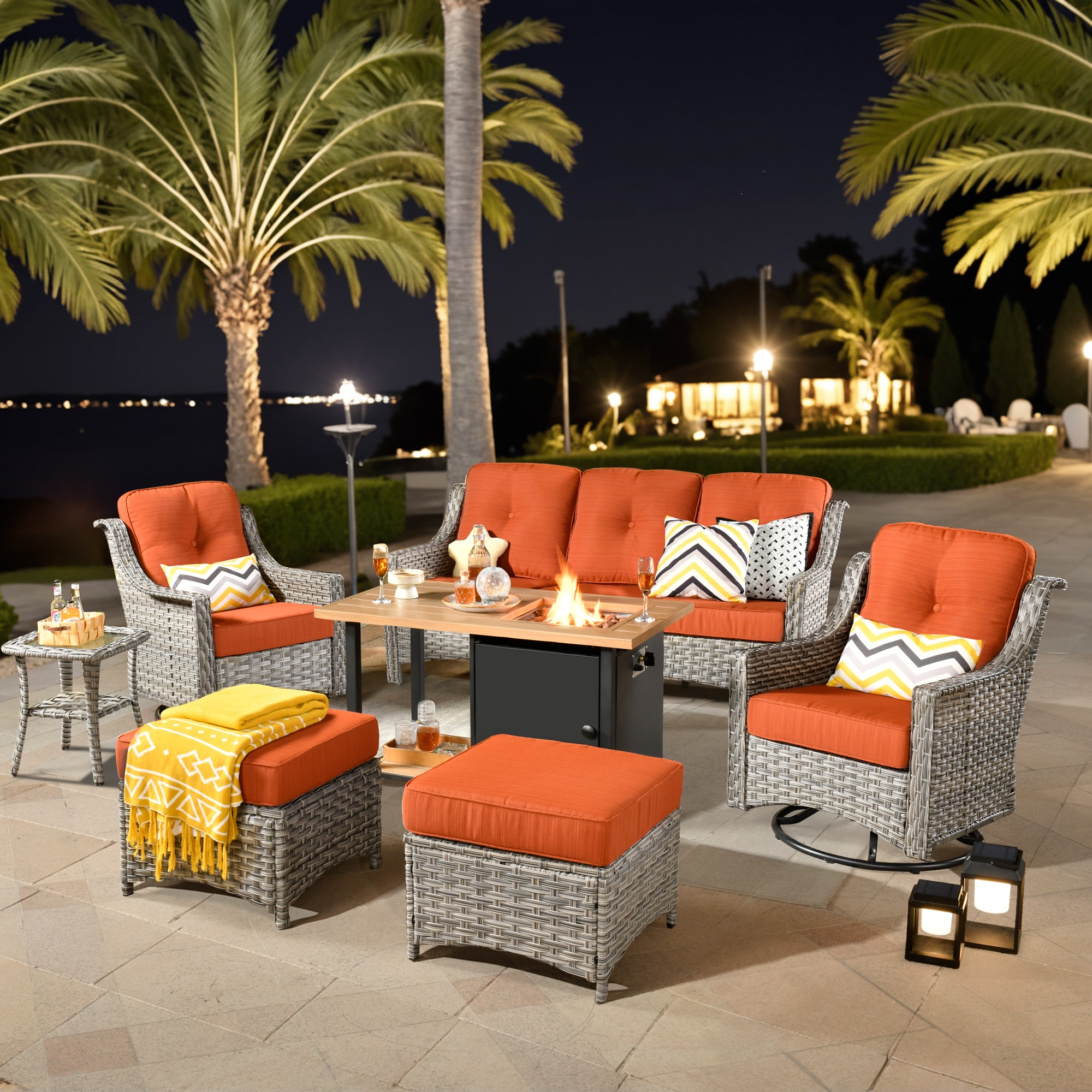 weaxty HMBDFP-YZPAD80C71 Aireno 7 -Piece Rattan Patio Sofa Conversation Set with Orange Cushions