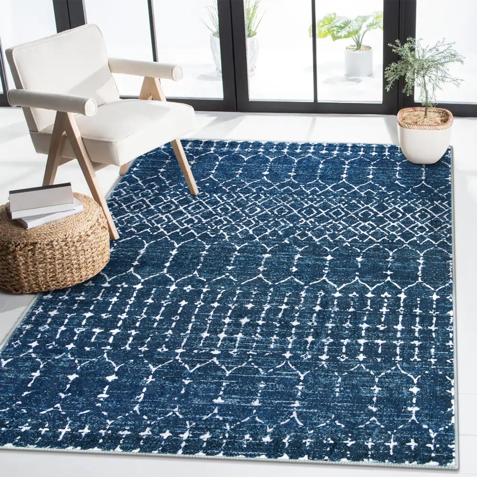 Lahome AR-DYR-061-BL1 4 x 6 (ft) Blue  Minimalist Geometric Short Pile Velvet Rectangular Indoor Area Rug