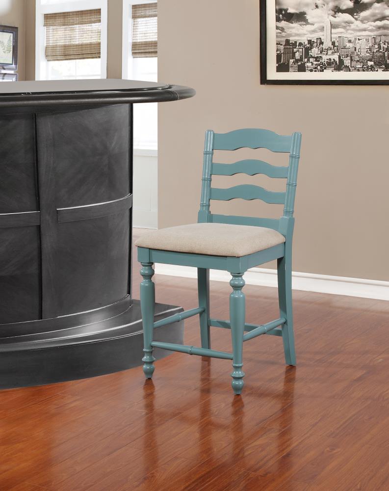 Antique Blue 24" Wood and Metal Counter Stool with Upholstered Seat