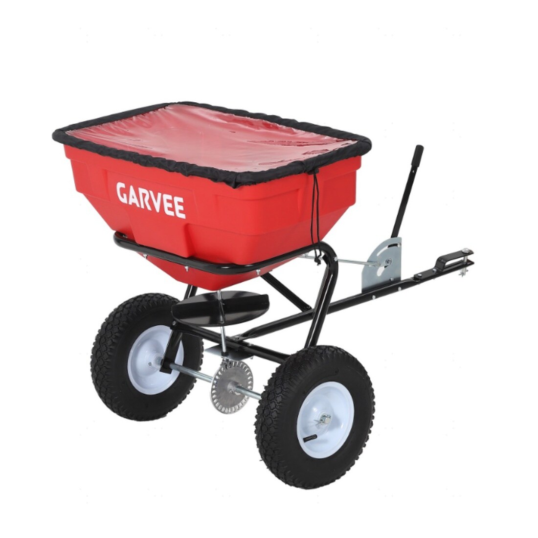 Aoile Red PP Hopper Black Frame White Wheel Hub Tow Broadcast Spreader 125L Capacity With Rain Cover And Full Accessories