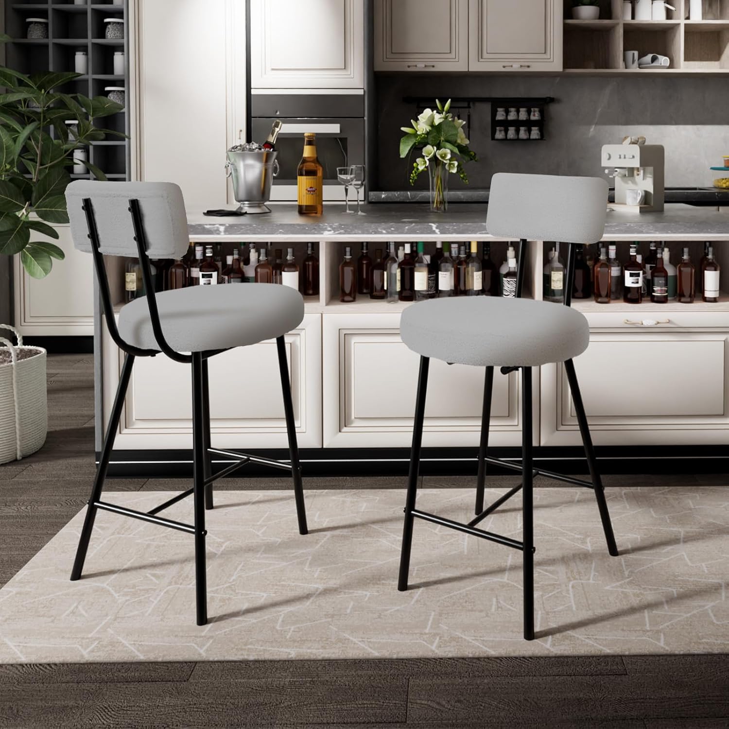 Qeetex LHF-YZ-PHK-335F5CAJ Modern Upholstered Bar Stools Set of 2 - Counter Height Bar Chairs with Round Seat/Back/Footrest for Kitchen Island/Dining Room/Pub - Grey