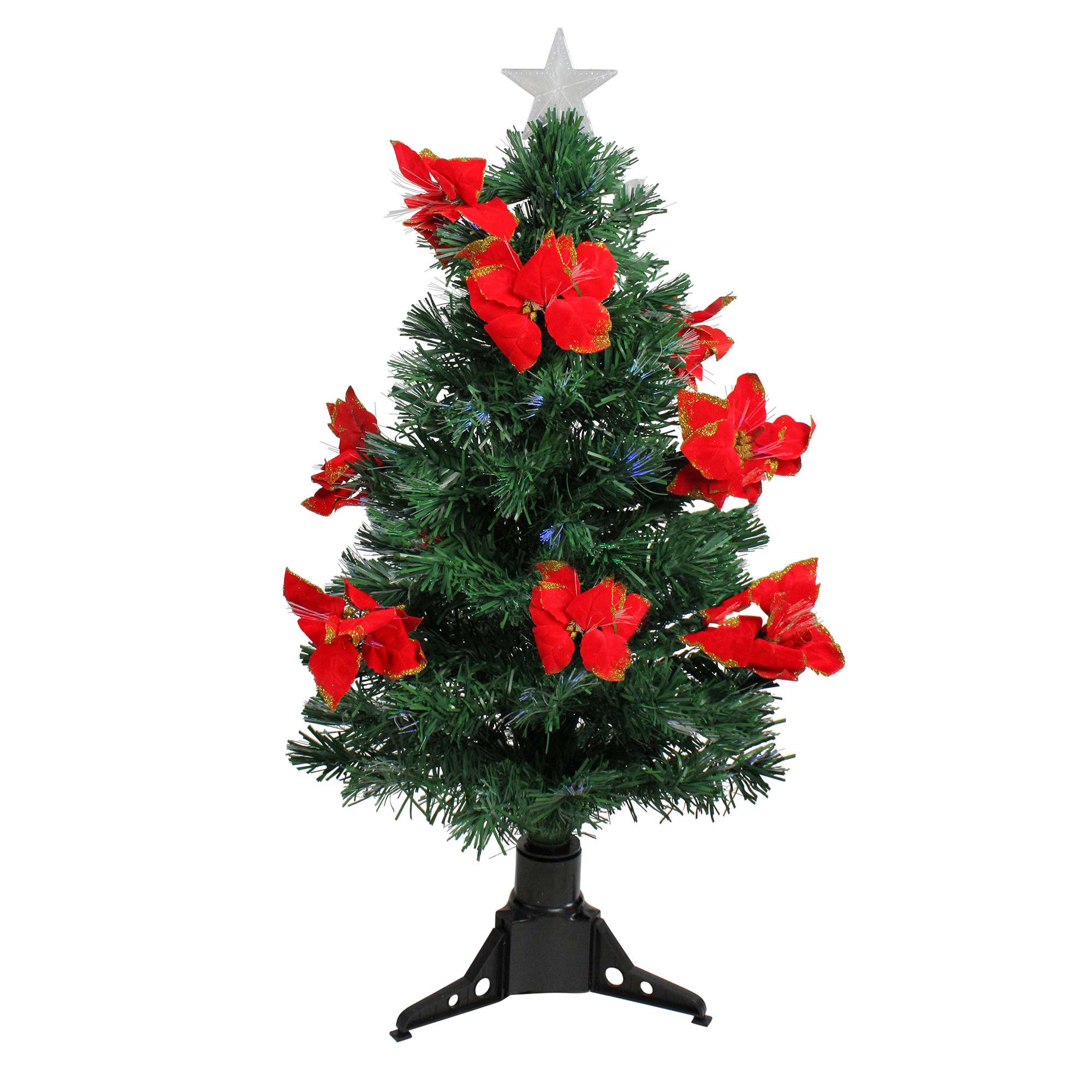 Christmas Central 3 feet Pre-Lit Medium Fiber Optic Red Poinsettias Artificial Christmas Tree - Multicolor Lights