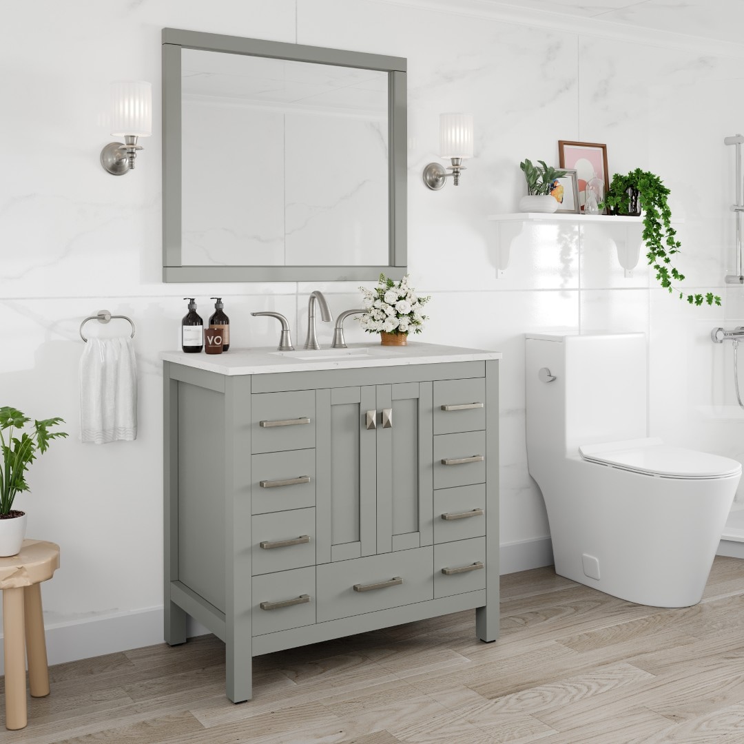 Eviva Hampton 36" Gray Transitional Freestanding Bathroom Vanity with White Carrara Marble Top