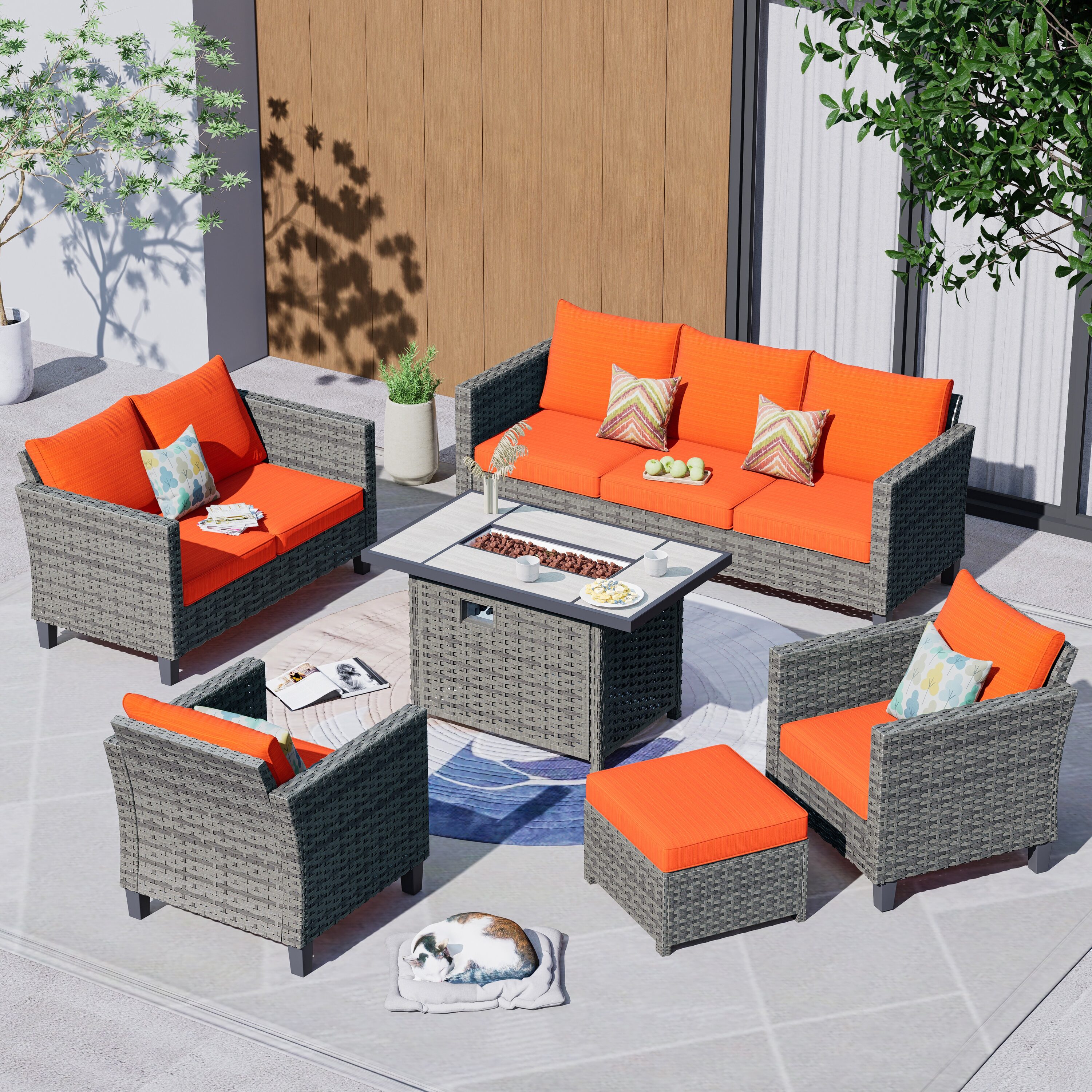 Pouuin 7-Piece Rattan Patio Conversation Set with Orange Cushions in ...