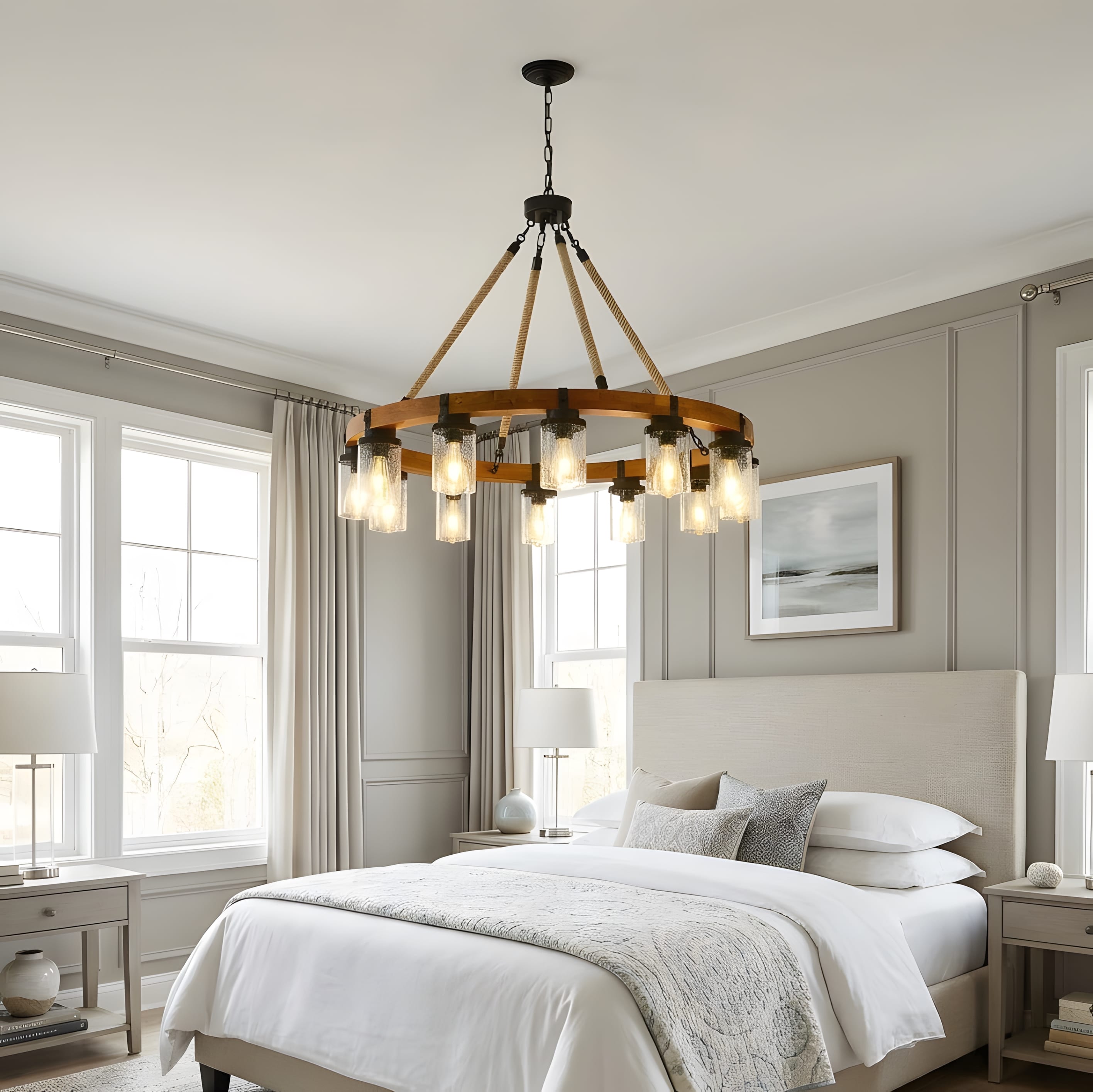 RCCFBHM Farmhouse Wagon Wheel Chandelier 39 Inch Round Wood Pendant Light 12 Light Seeded Glass Shade Rustic Ceiling Light Fixture