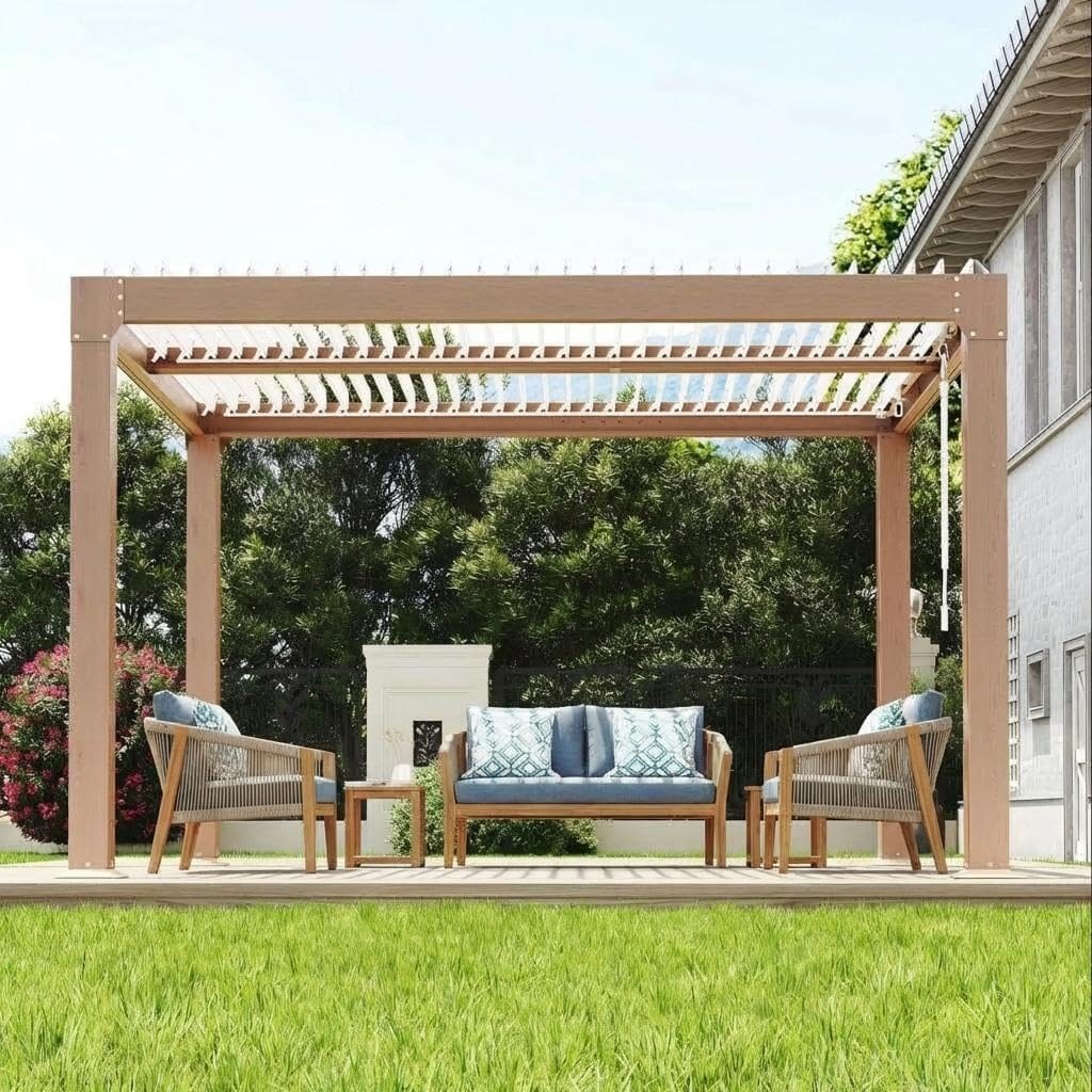 GAOMON LSPPJOK-OLK3SMJUPV Outdoor Aluminum Louvered Pergola- Half Aluminum Half Iron- Wood Grain Finish- Garden Pavilion Wood 10x12