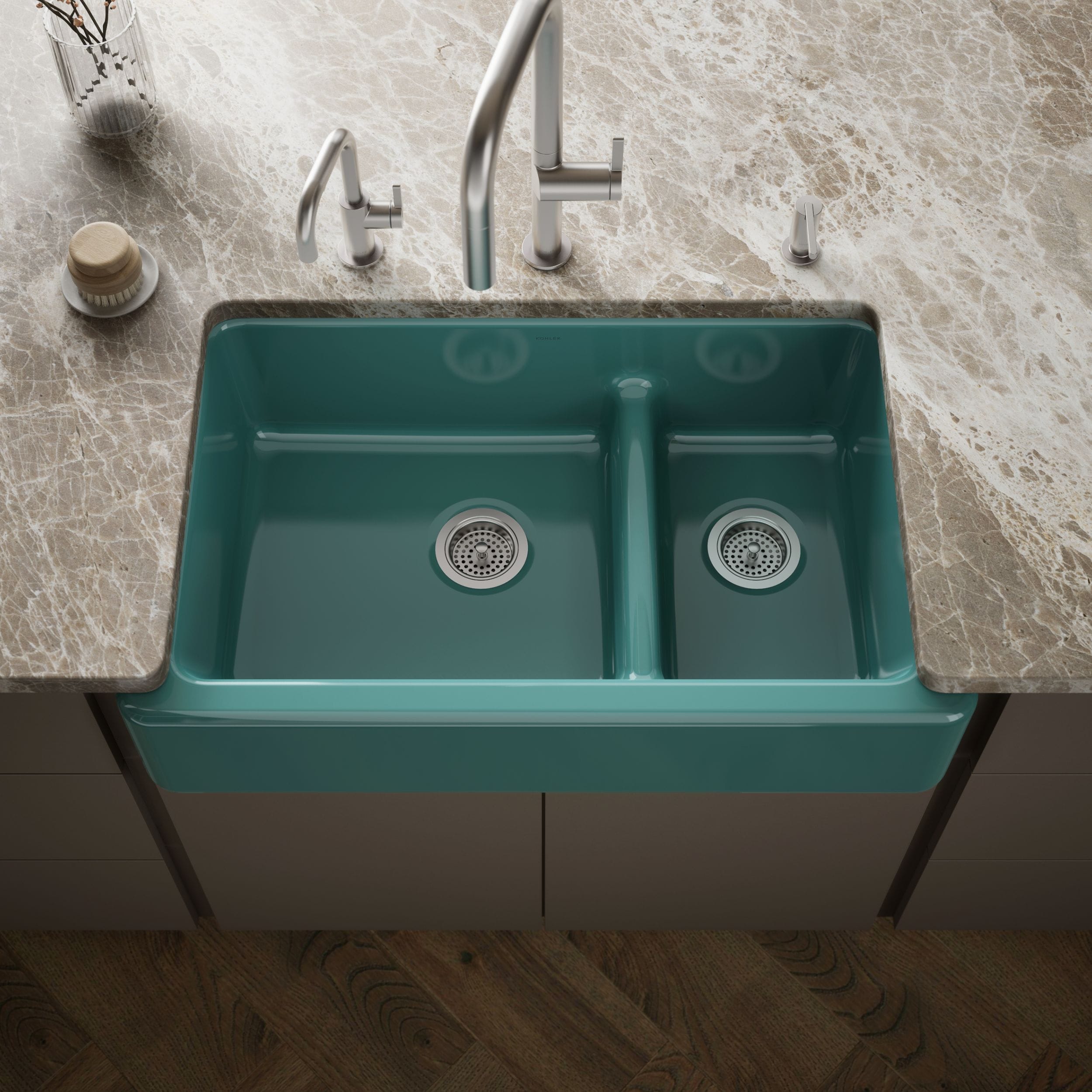 KOHLER Whitehaven Undermount 35.69-in x 21.56-in Cast iron Double offset bowl Kitchen Sink