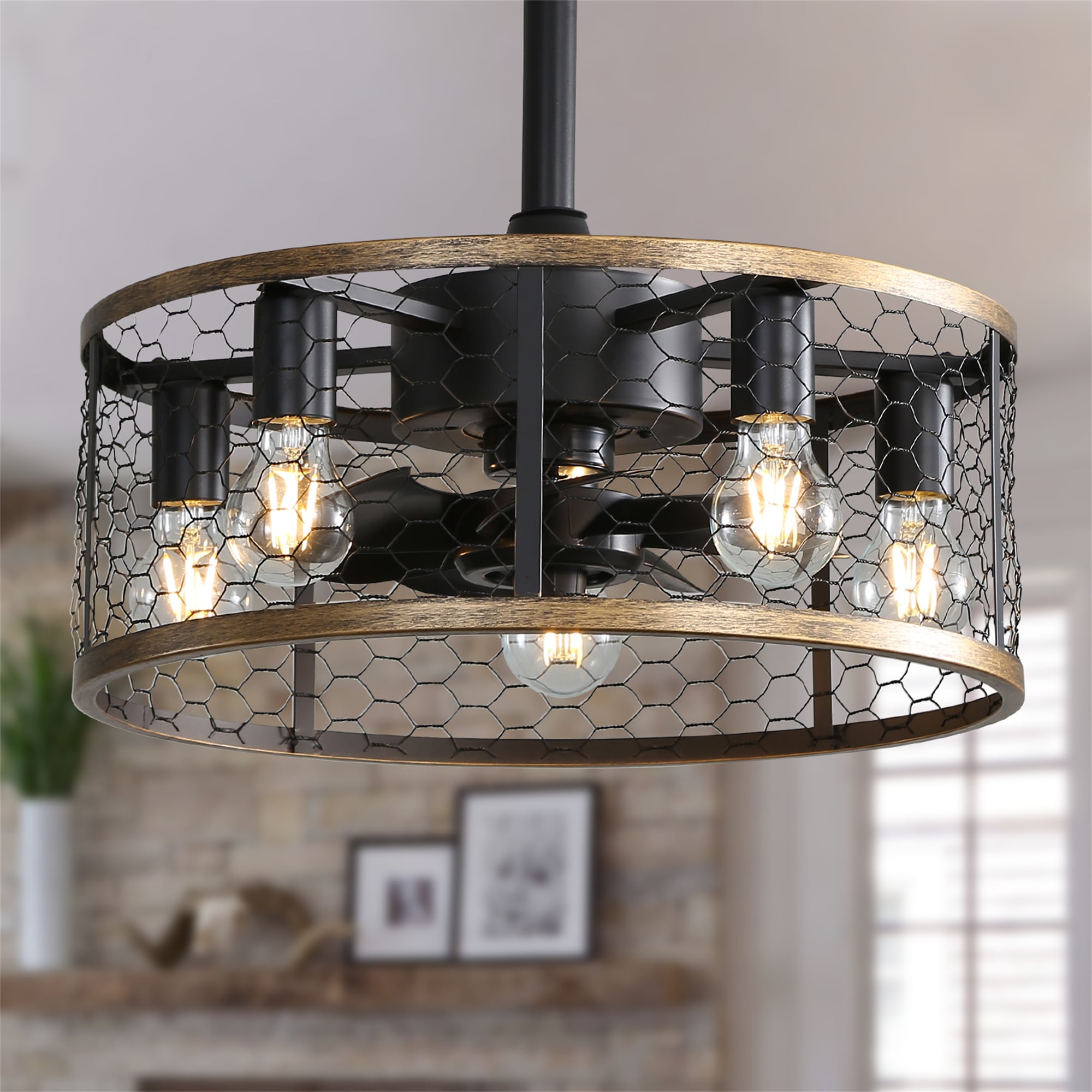 BABOOM BOM-P221512-OR 20-in Black with Black Blades Cage Ceiling Fan With Light - Remote Included ( 7 -Blade )