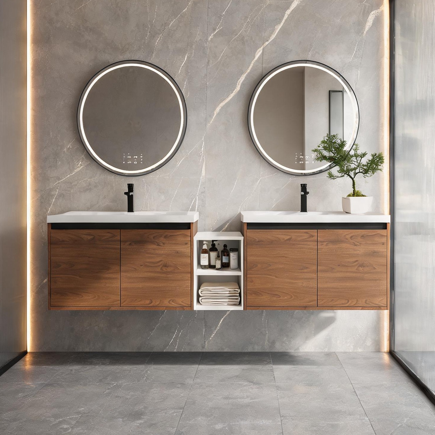Watnature Engineered Wood Wall-Mounted Bathroom Vanity with Integrated Resin Sink 84 Inch Modern Deep Black and Glossy White