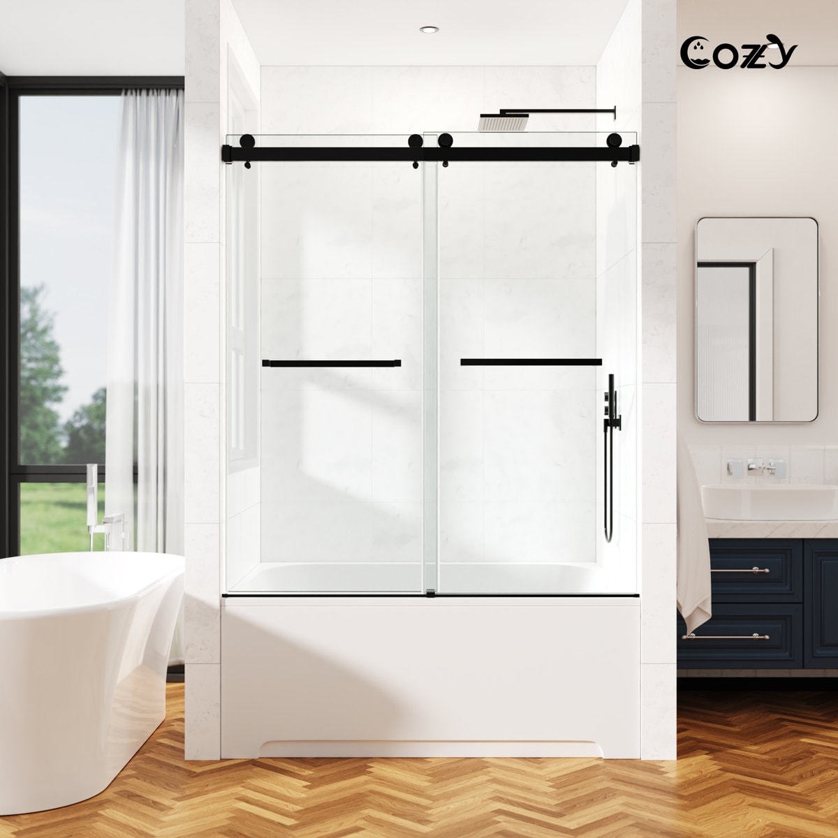 Cozy  Matte Black 50-in to 55-in W X 60-in H Frameless Clear Glass Double Sliding Shower Door with 3/8 Inch