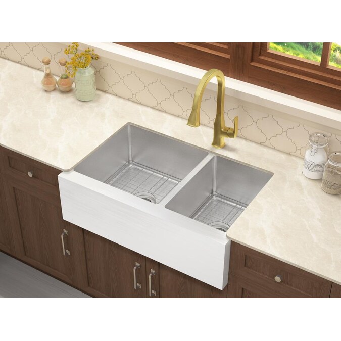 Cmi Compass Farmhouse Apron Front 33 In X 21 In Stainless Steel Double Offset Bowl Kitchen Sink In The Kitchen Sinks Department At Lowes Com