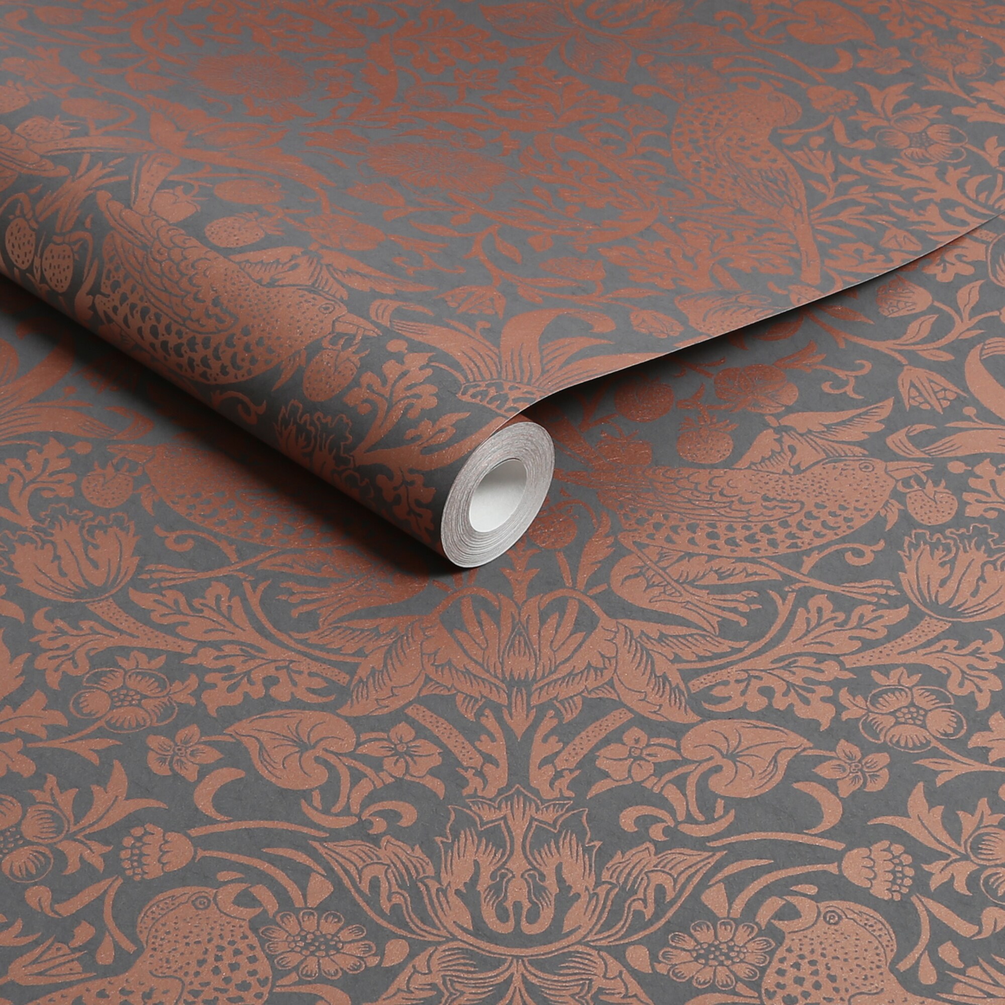 Strawberry Thief Charcoal and Copper Vinyl Wallpaper Double Roll