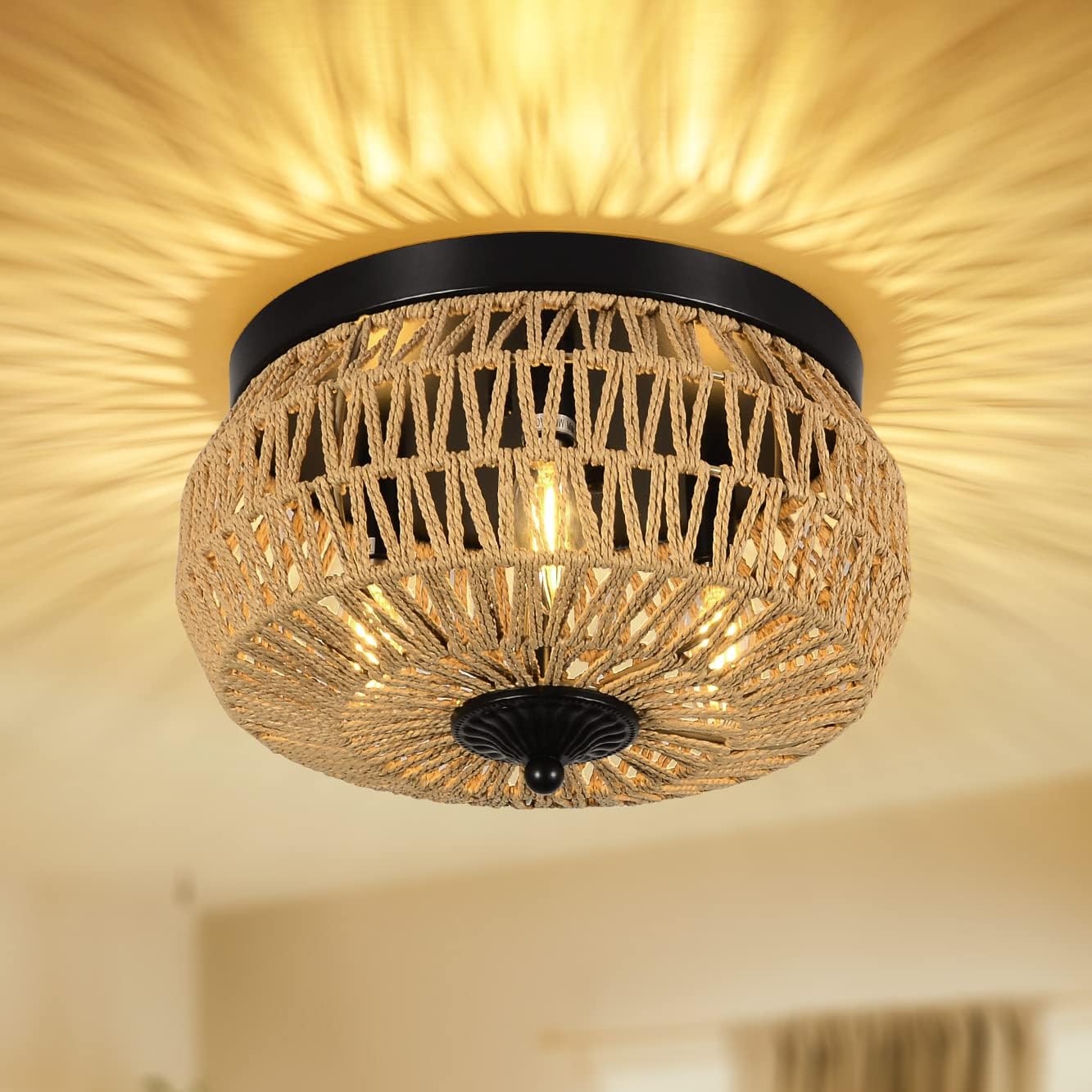 ZHLLMQ 12.6-in Black Indoor 3-Light Flush Mount Light with Natural Rattan Woven Cage Shade