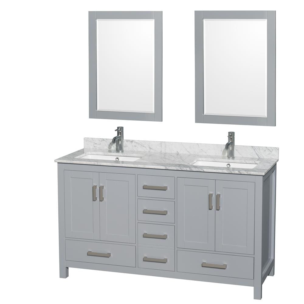 Wyndham Collection WCS141460DGYCMUNSM24 Sheffield 60-in Gray with Brushed Chrome Trim Undermount Double sink Bathroom Vanity with White Carrara Marble Natural marble Top (Mirror Included)