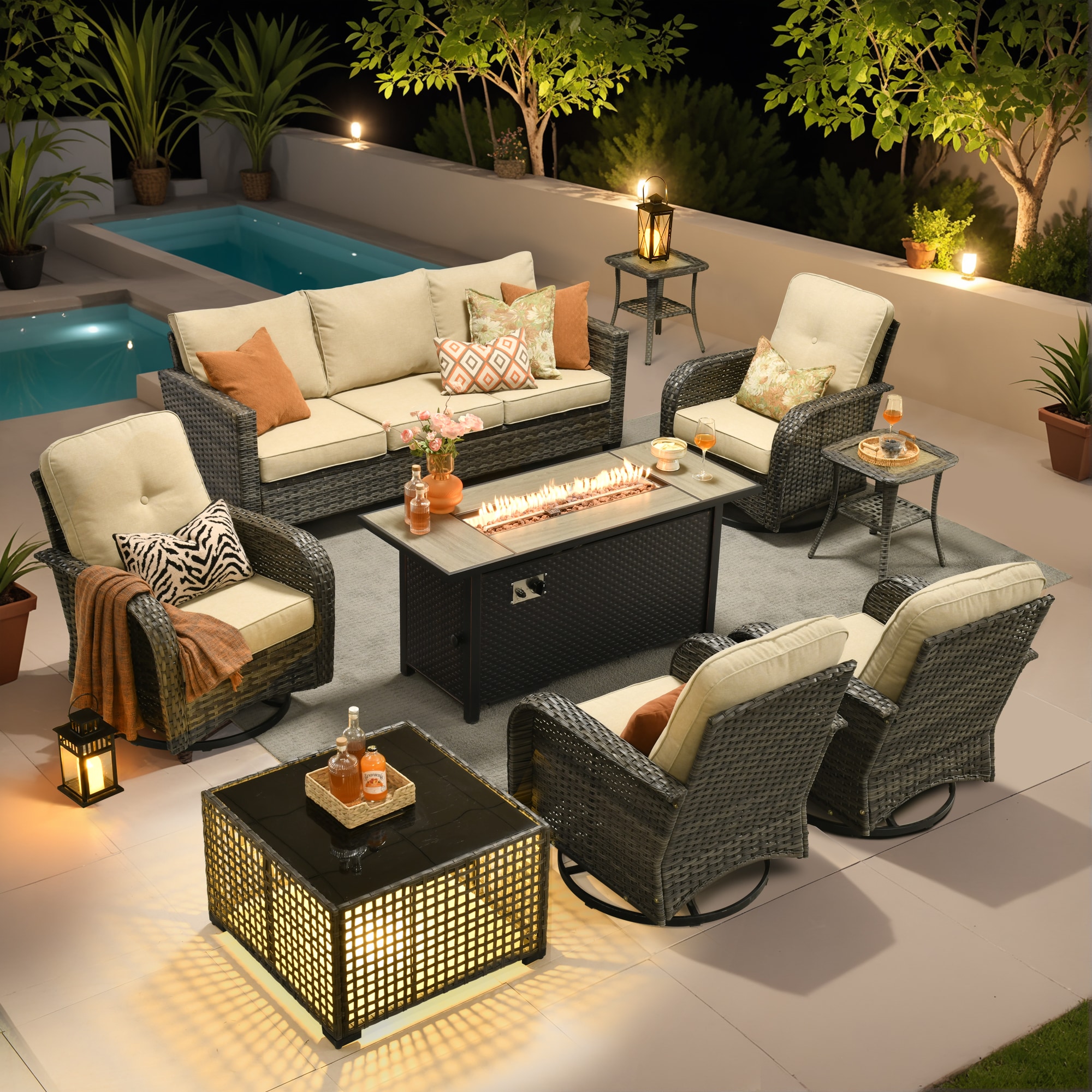 weaxty HMB8503YZGNCRS610S1 Initial 8 -Piece Wicker Patio Sofa Conversation Set with Off-white Cushions