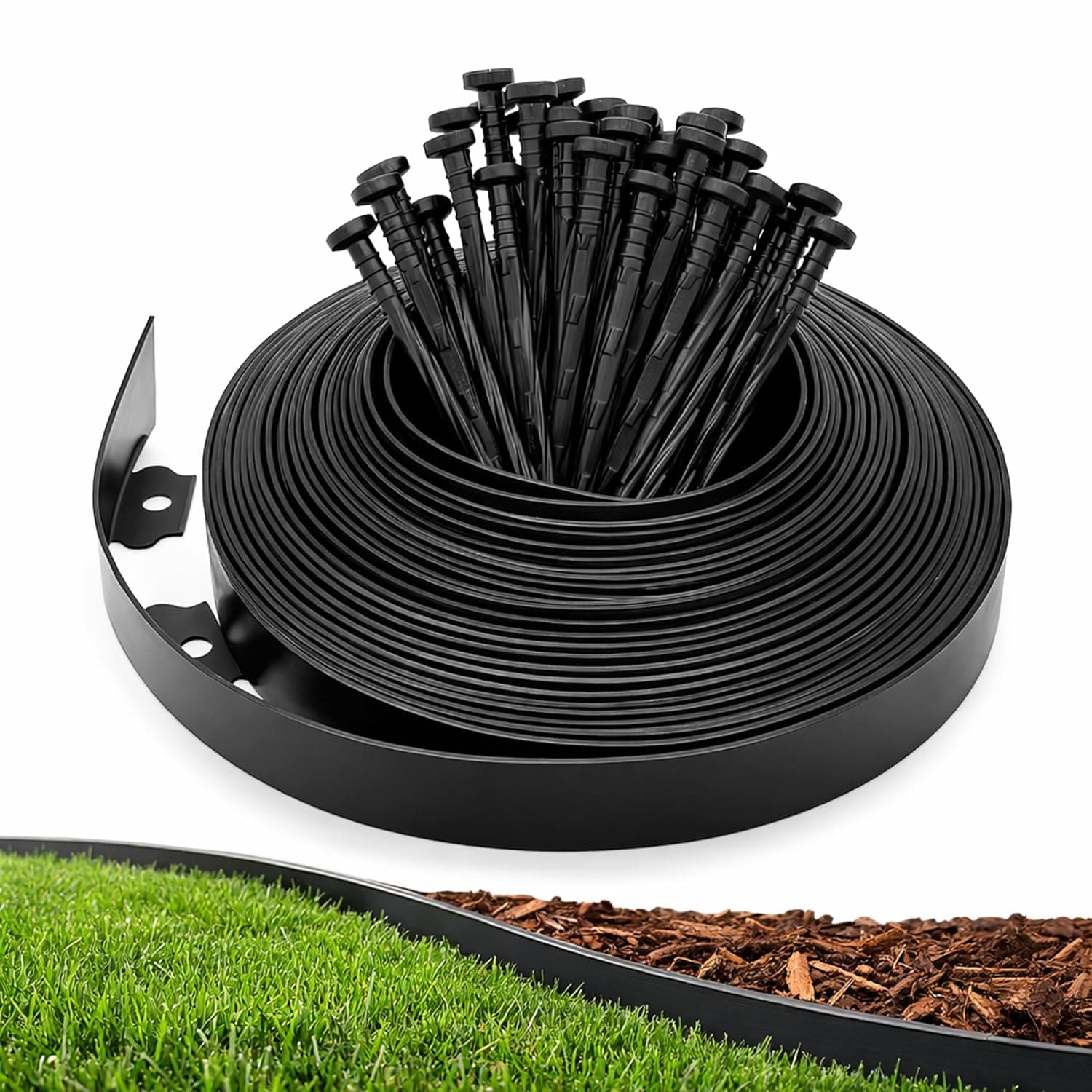 CJGQ Plastic Landscape Edging Kit 1.5 In x 20 Ft Garden Border Coil with 24 Spiral Anchor Spikes No Dig Lawn Edging for Flower Beds Pathways and Tree Rings