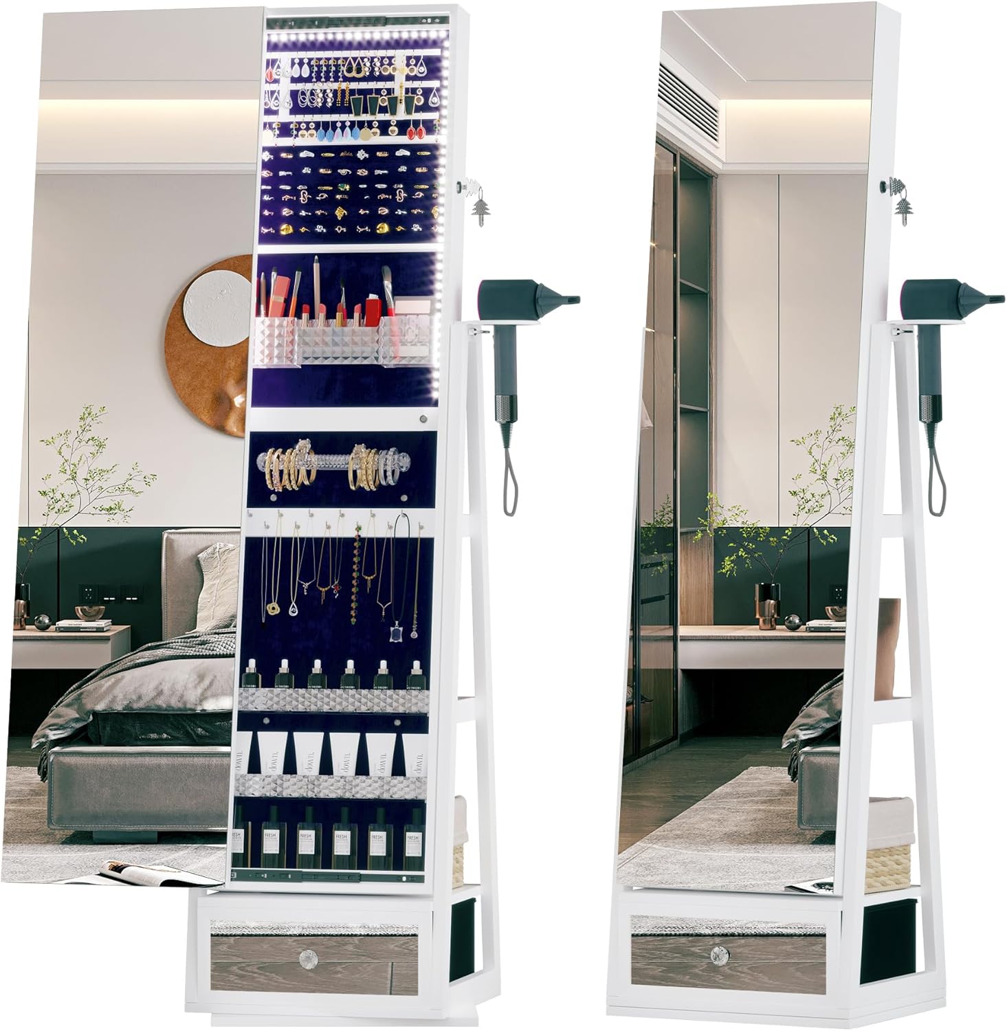 Vlsrka B0CHVRN8T2 Full Length Mirror Jewelry Armoire with 360 Rotation LED Lights Sliding Mirror and Large Storage Capacity Standing Jewelry Cabinet Organizer for Bedroom White