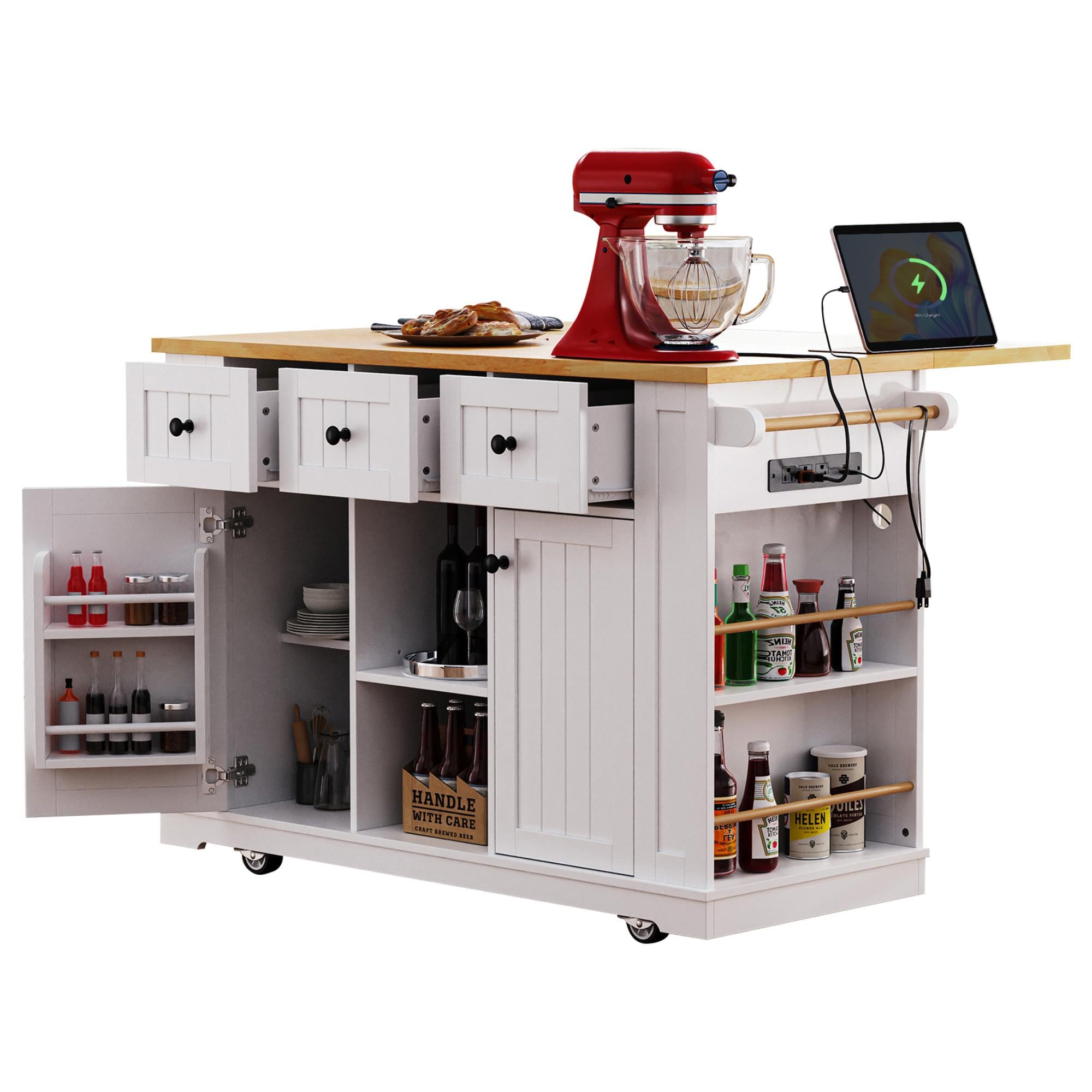 Bayfeve BF-85531W-IN White MDF Base with Wood Wood Top Rolling Kitchen Island ( 29.52 x 53.14 x 36.4 )