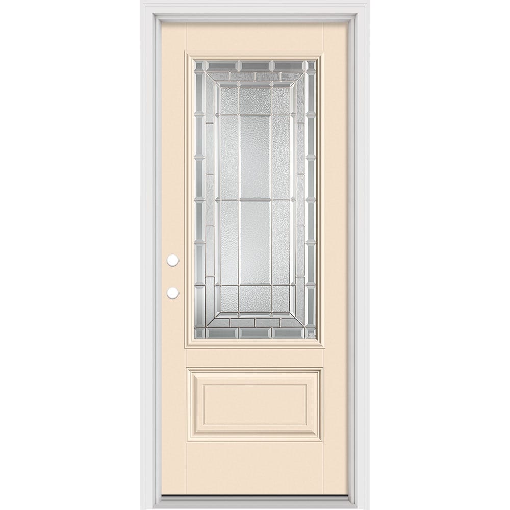 Masonite 631145 Sequence 32-in x 80-in x 4-9/16-in Fiberglass 3/4 lite Right-hand inswing Bisque Painted Prehung Front Door with Brickmould Insulating core