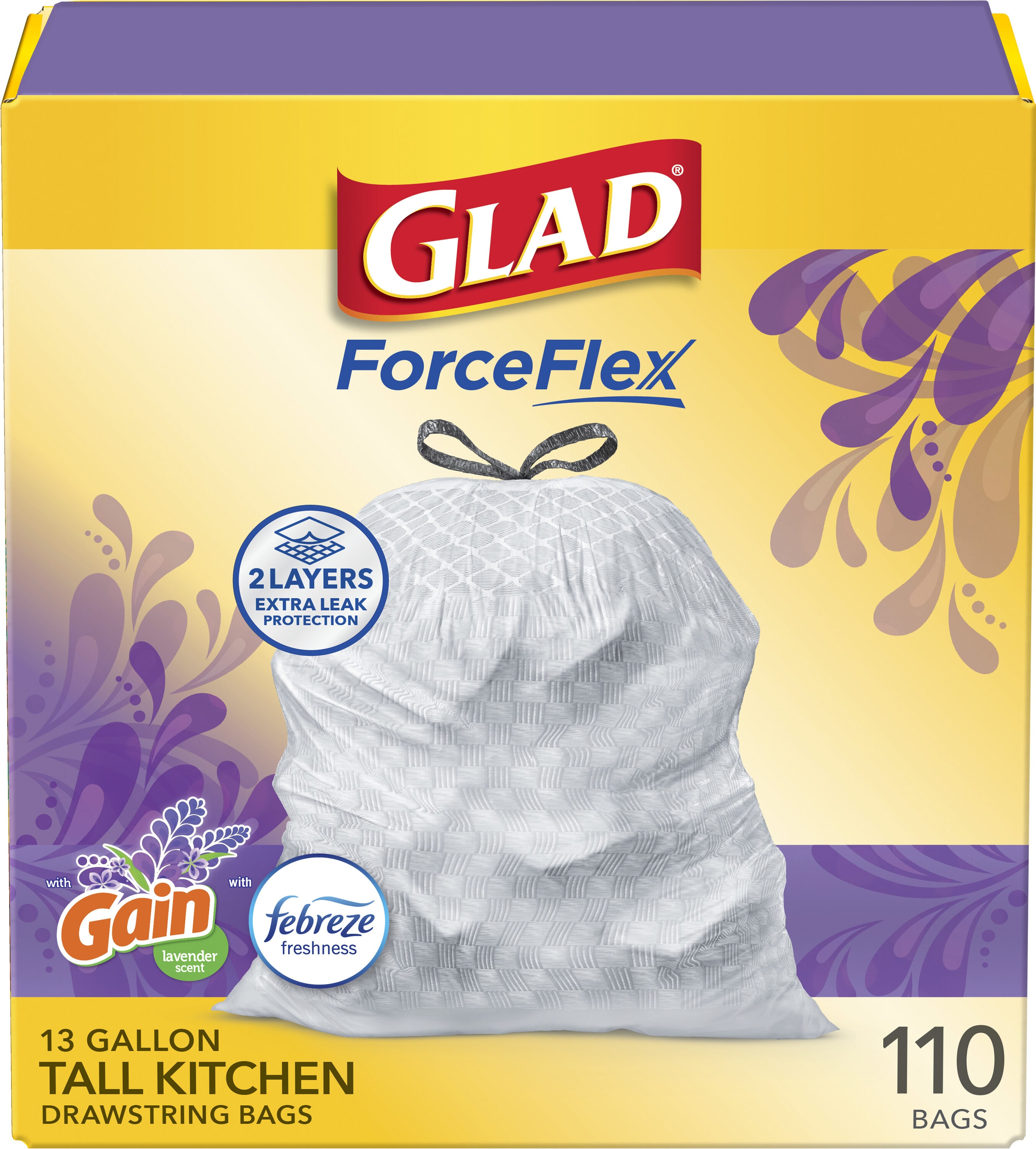 Glad 1258779157 OdorShield 13-Gallons Lavender White Indoor Plastic Kitchen Drawstring Trash Bag 110 -Count