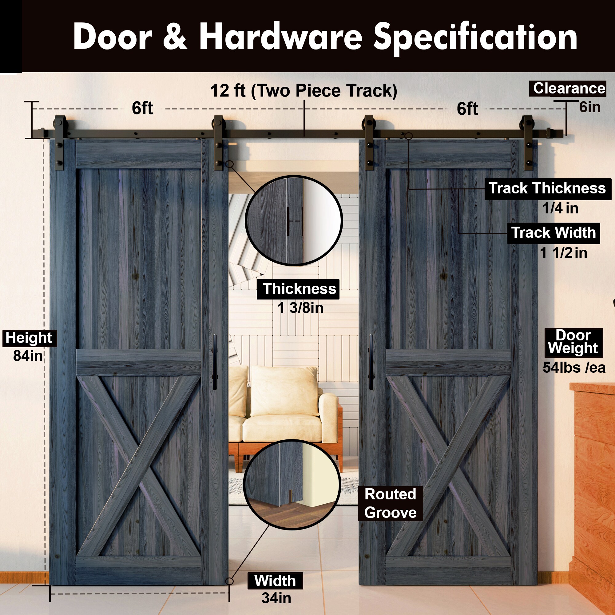 HOMACER YT2TGH144C-3484-X-NA Barn-Doors - View #7