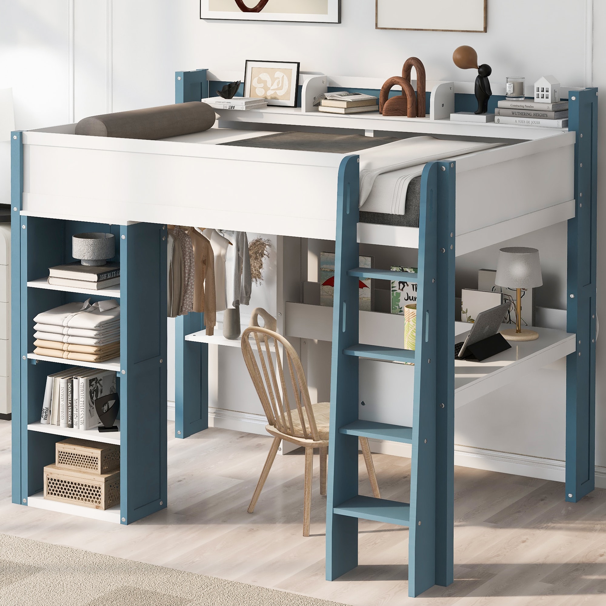 ModernLuxe L3P-N7090005007C Full Size Wood Loft Bed with Builtin storage shelves Clothes rails and desk WhiteBlueEstimated arrival time:8.23