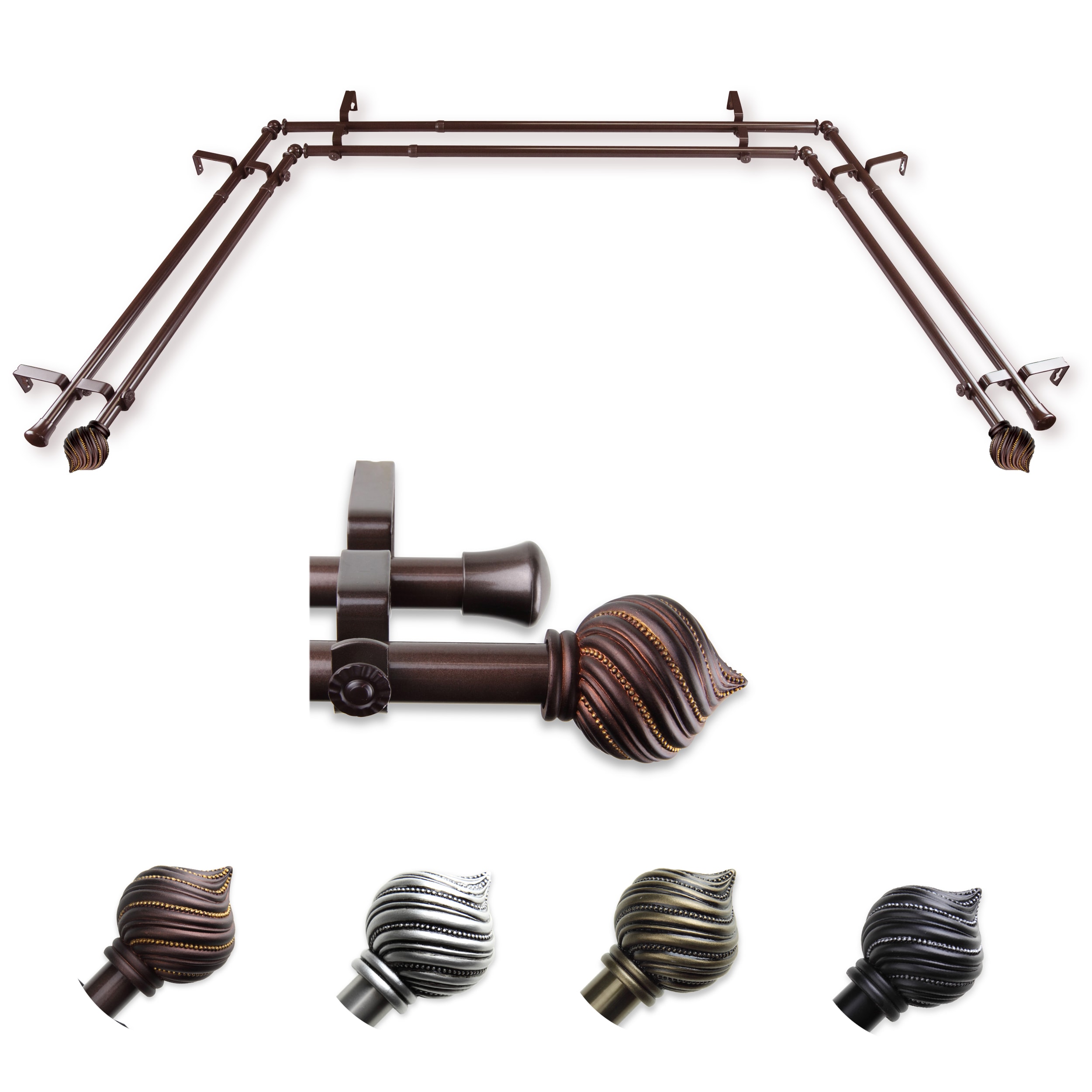 Hart & Harlow L-ABAY-93-7D Sergio 13/16-in Double Bay Cocoa Steel Bay window curtain rod with Finials