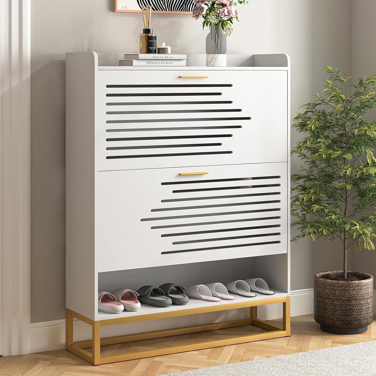 CIPACHO WBWB10303-WT Entryway Narrow Shoe Cabinet 2 Flip Drawers Slim Hidden Shoe Rack with Metal Leg for Hallway